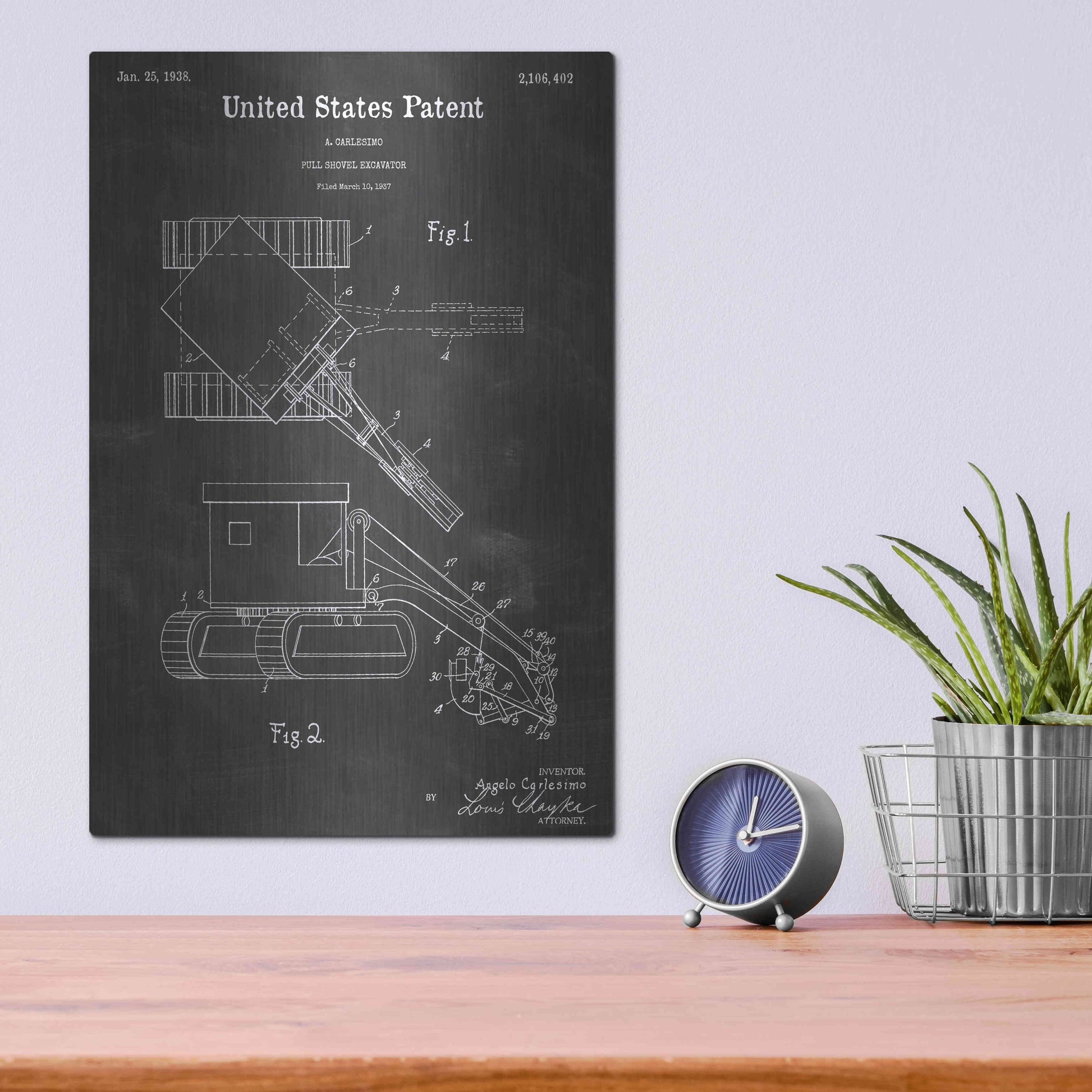 Luxe Metal Art 'Excavator Vintage Patent Blueprint' by Epic Portfolio, Metal Wall Art,12x16