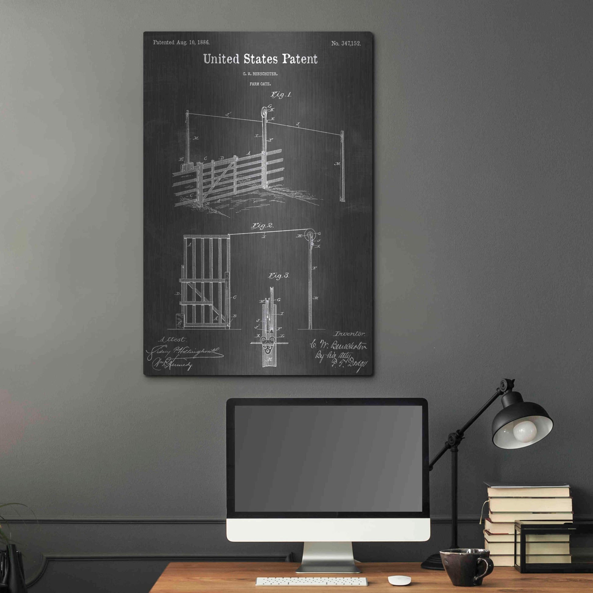 Luxe Metal Art 'Farm Gate Vintage Patent Blueprint' by Epic Portfolio, Metal Wall Art,24x36