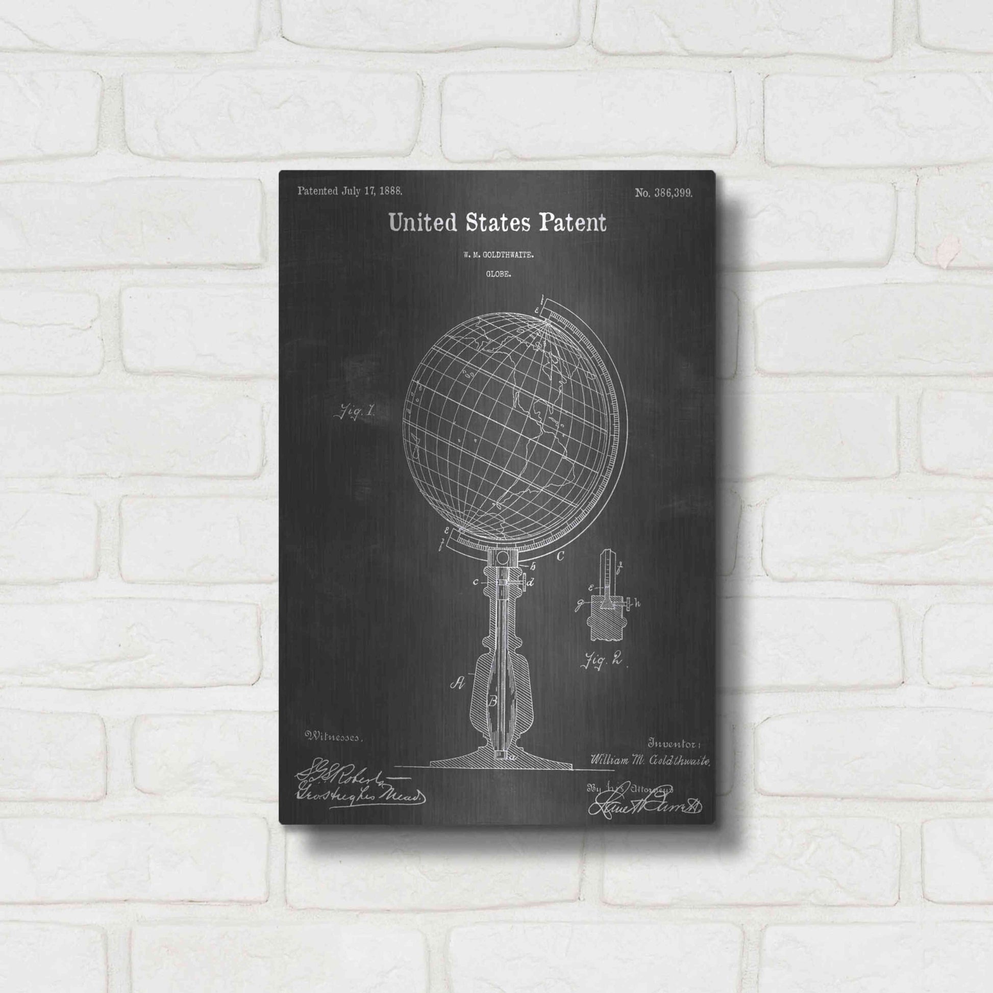 Luxe Metal Art 'Globe Vintage Patent Blueprint' by Epic Portfolio, Metal Wall Art,12x16