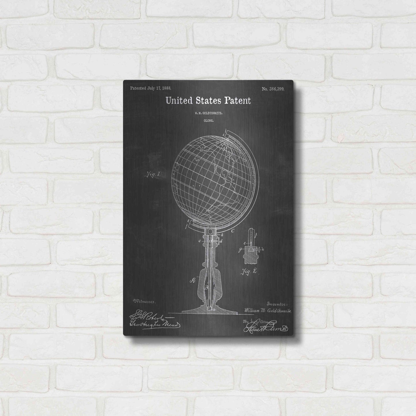 Luxe Metal Art 'Globe Vintage Patent Blueprint' by Epic Portfolio, Metal Wall Art,16x24