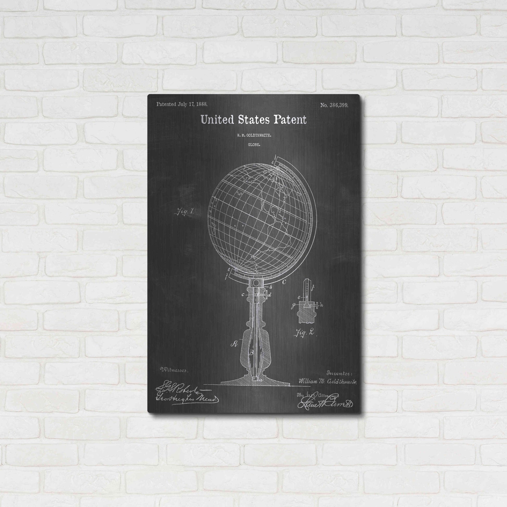 Luxe Metal Art 'Globe Vintage Patent Blueprint' by Epic Portfolio, Metal Wall Art,24x36