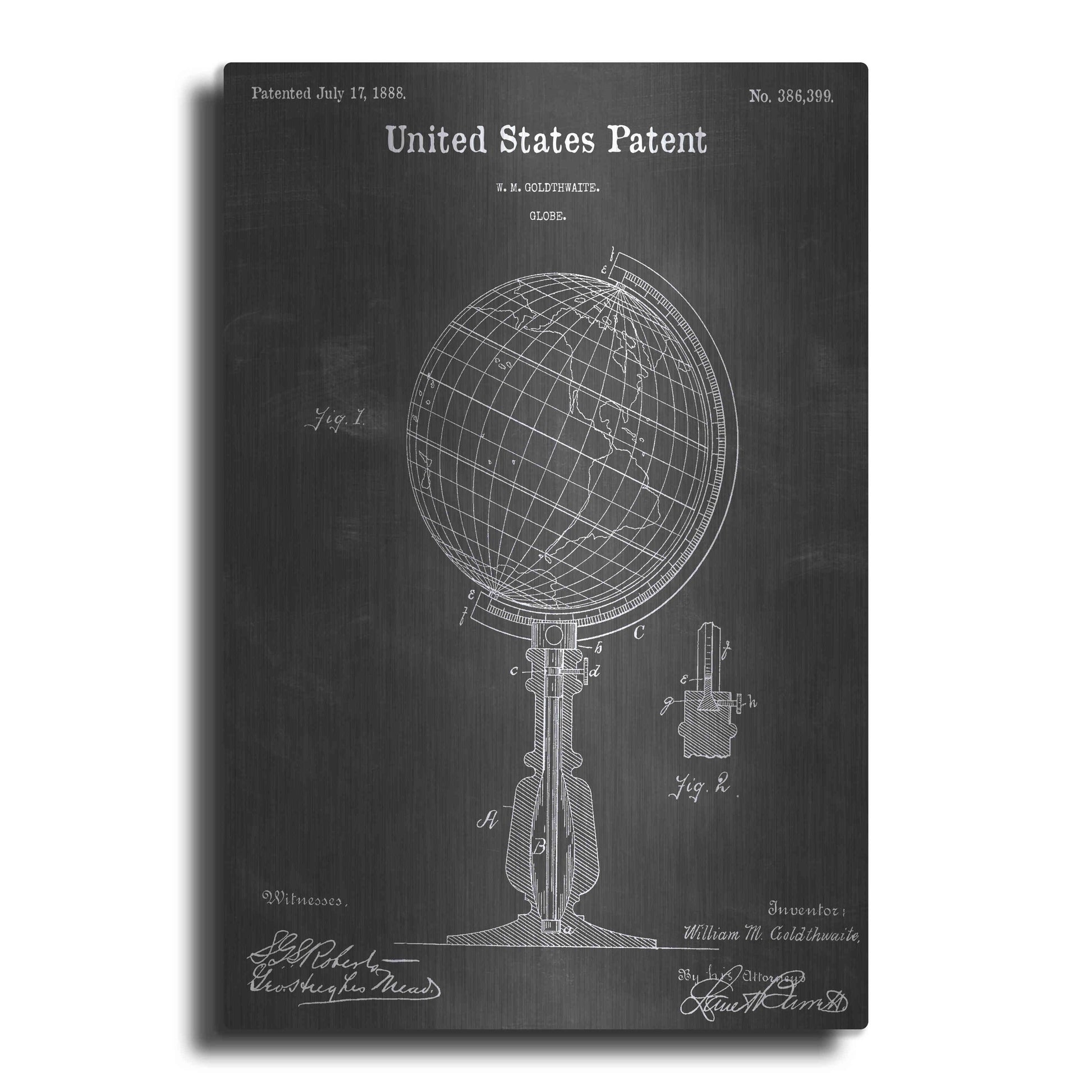 Luxe Metal Art 'Globe Vintage Patent Blueprint' by Epic Portfolio, Metal Wall Art