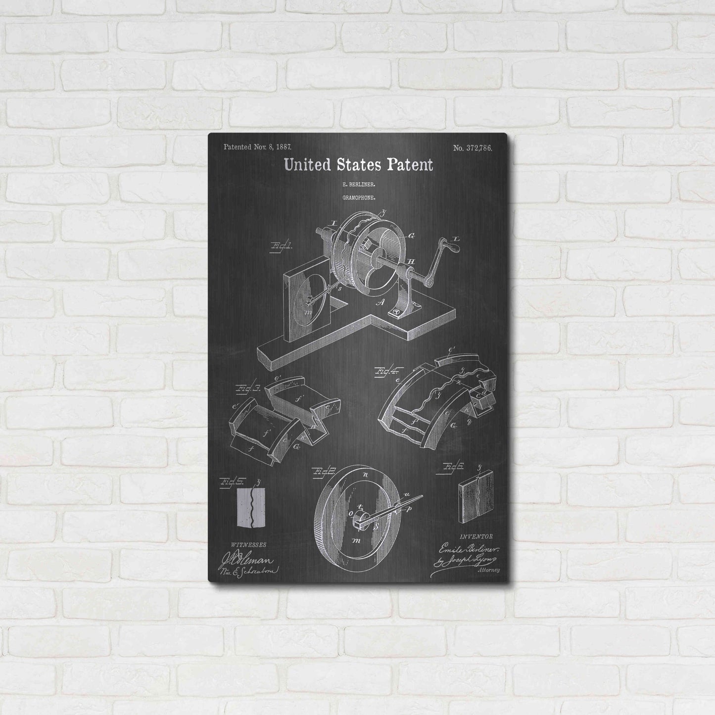 Luxe Metal Art 'Gramophone 1 Vintage Patent Blueprint' by Epic Portfolio, Metal Wall Art,24x36