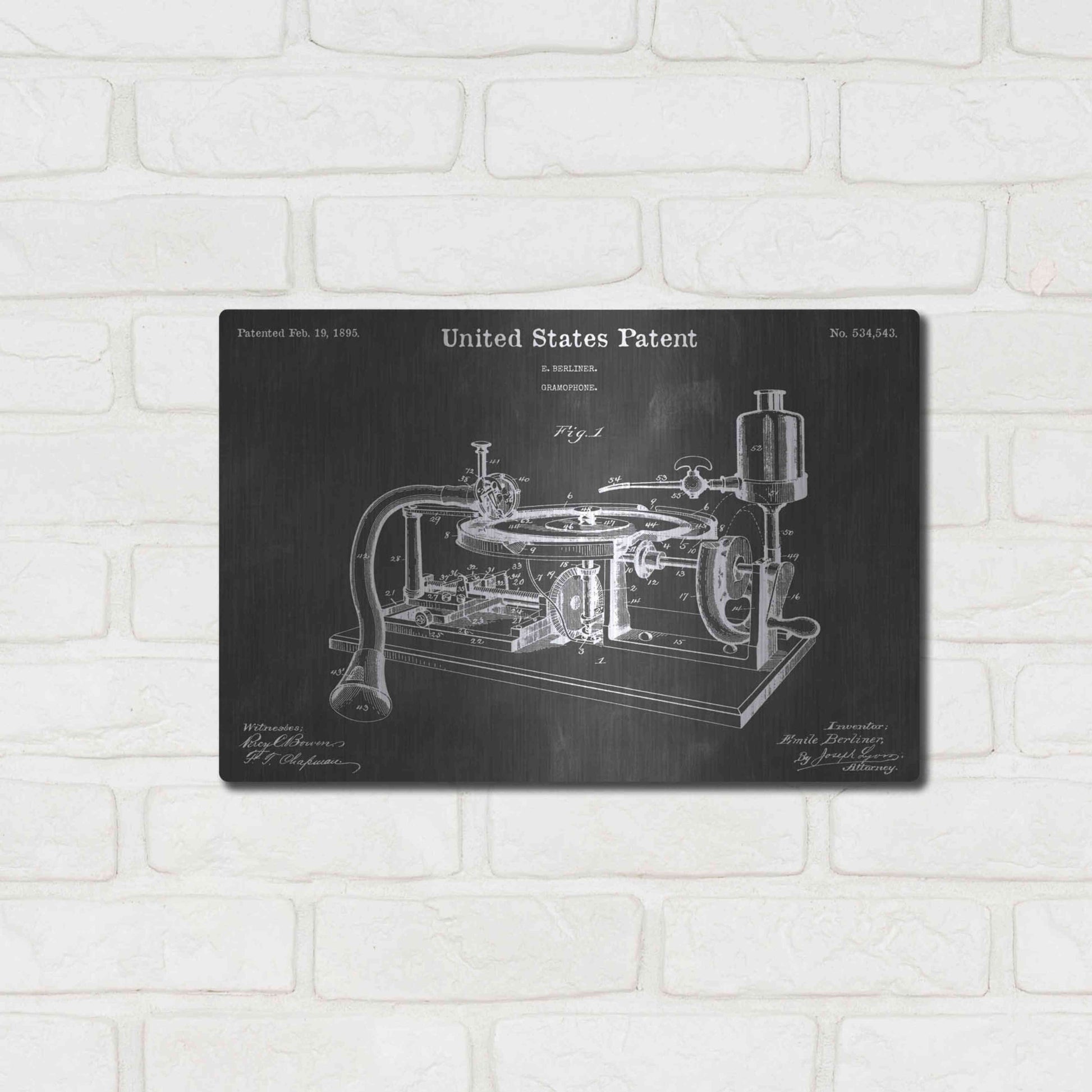 Luxe Metal Art 'Gramophone 2 Vintage Patent Blueprint' by Epic Portfolio, Metal Wall Art,16x12