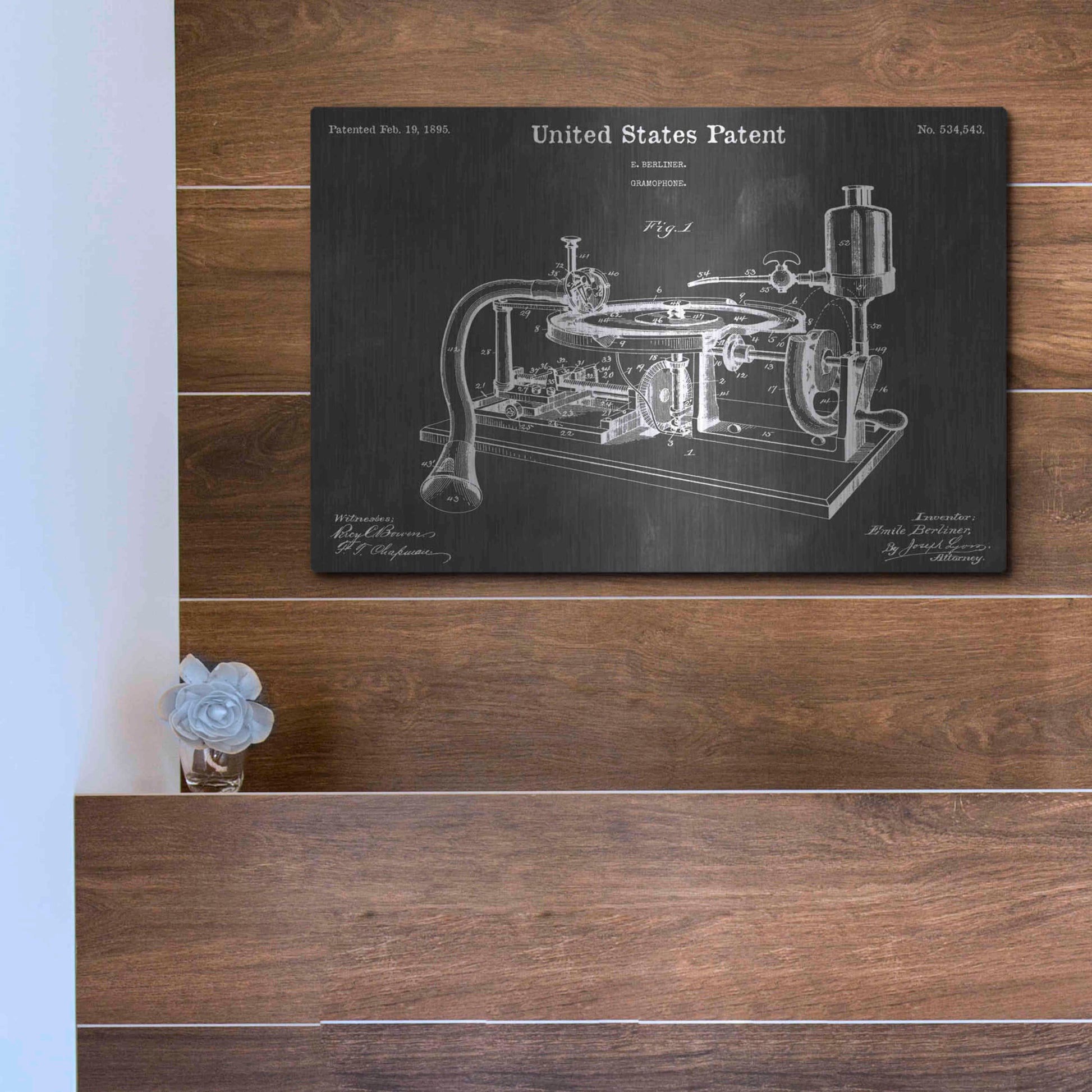 Luxe Metal Art 'Gramophone 2 Vintage Patent Blueprint' by Epic Portfolio, Metal Wall Art,16x12