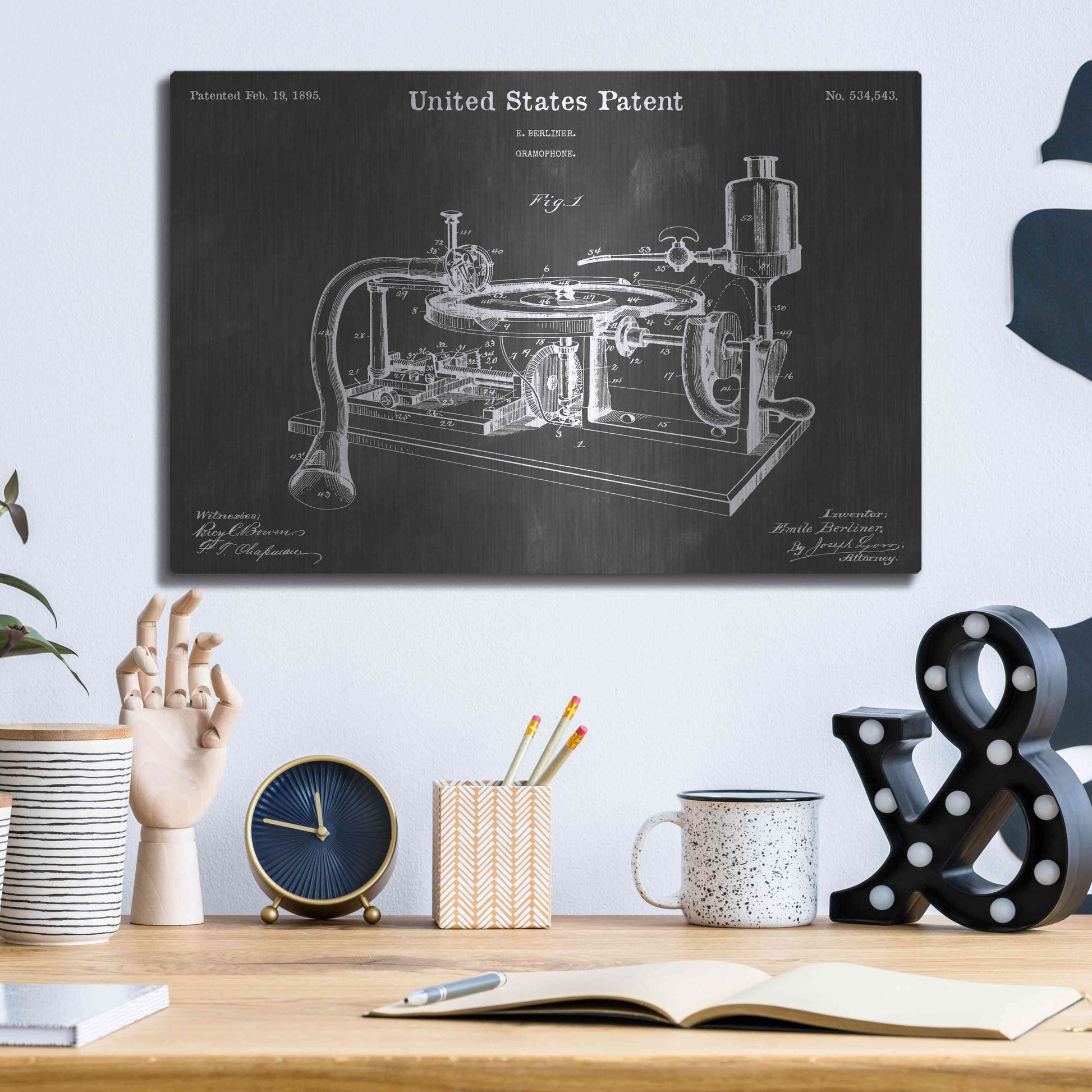 Luxe Metal Art 'Gramophone 2 Vintage Patent Blueprint' by Epic Portfolio, Metal Wall Art,16x12