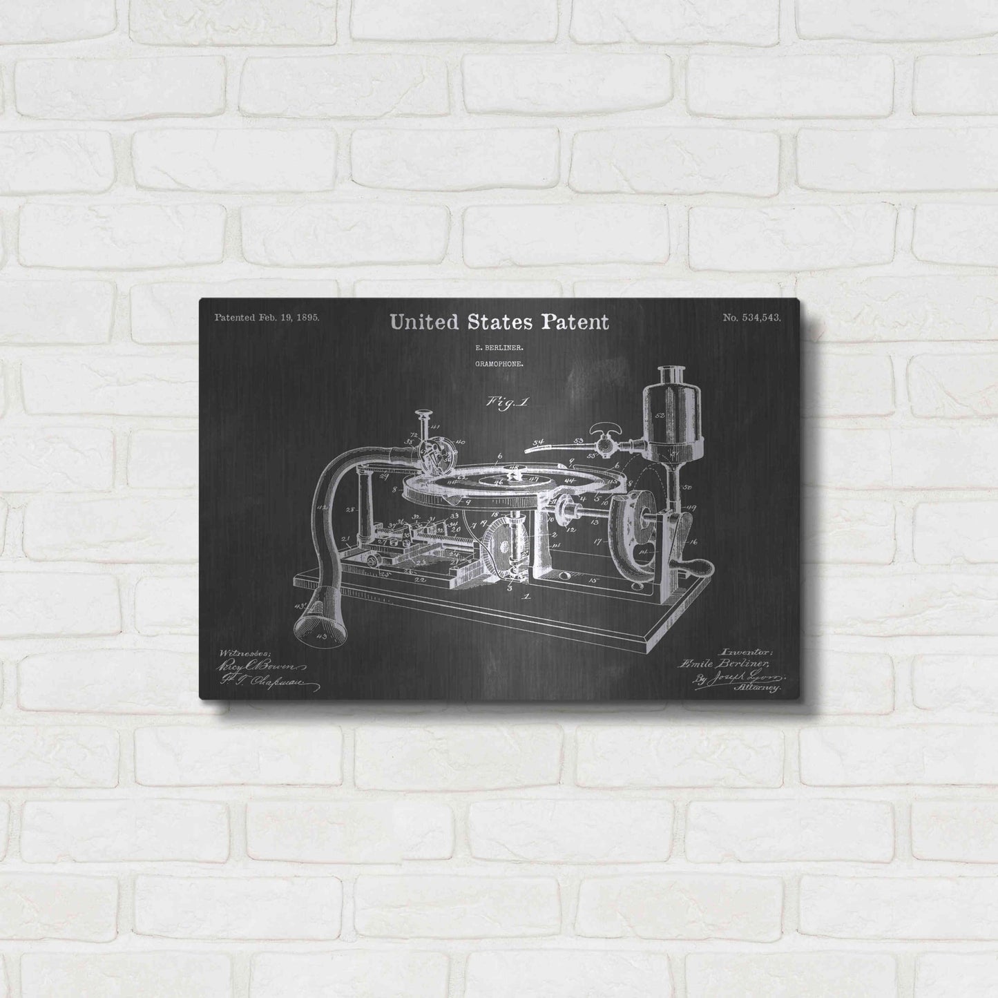 Luxe Metal Art 'Gramophone 2 Vintage Patent Blueprint' by Epic Portfolio, Metal Wall Art,24x16