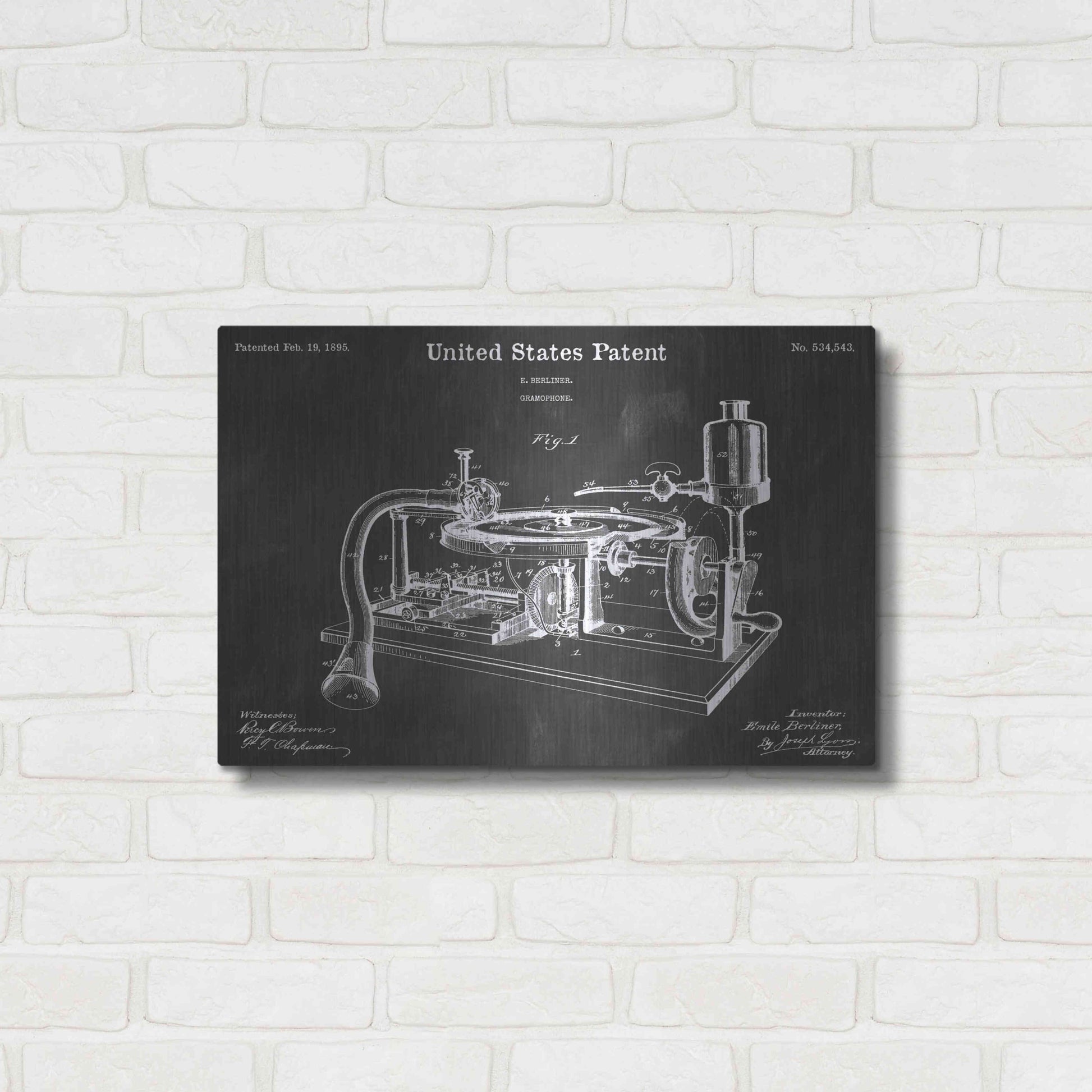 Luxe Metal Art 'Gramophone 2 Vintage Patent Blueprint' by Epic Portfolio, Metal Wall Art,24x16