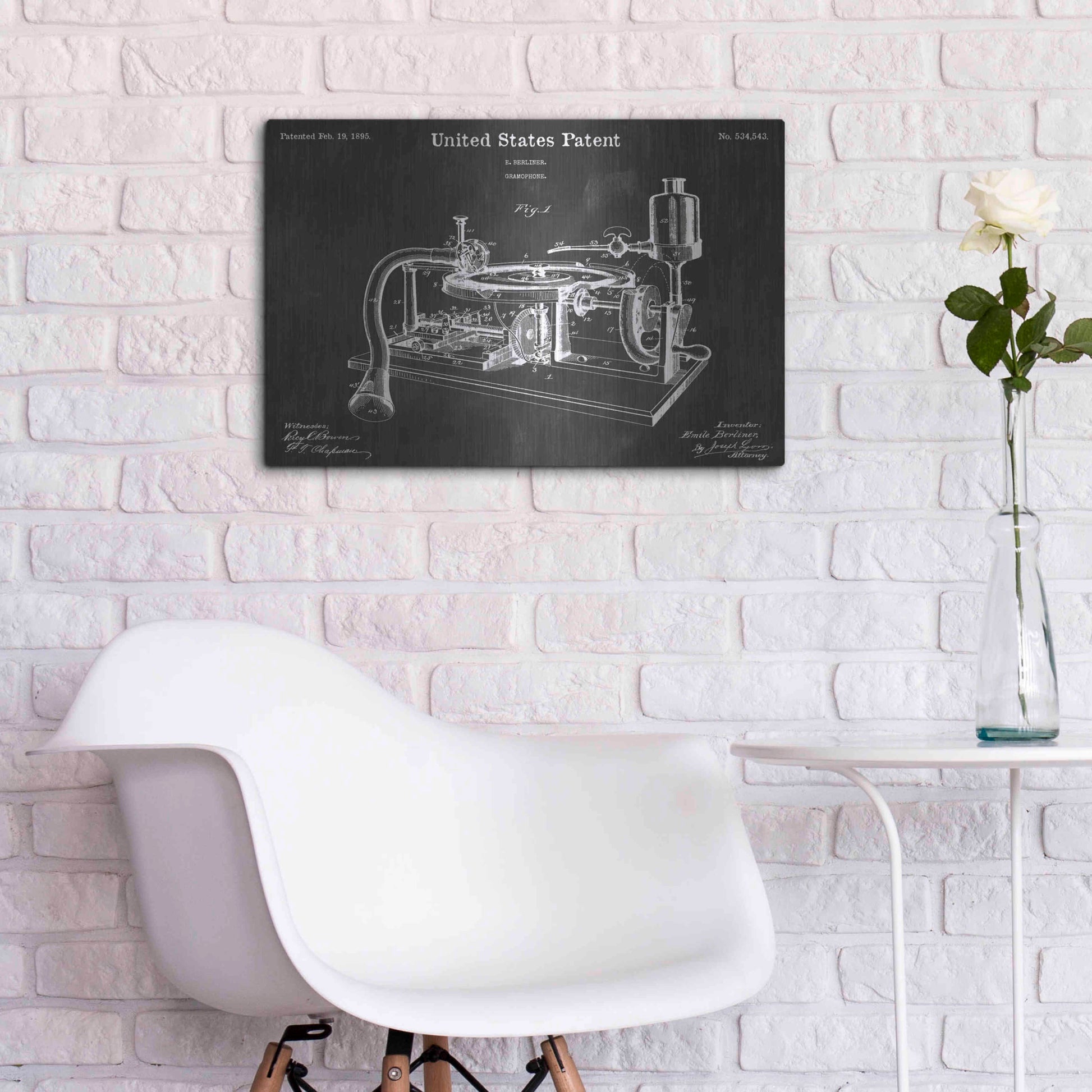 Luxe Metal Art 'Gramophone 2 Vintage Patent Blueprint' by Epic Portfolio, Metal Wall Art,24x16