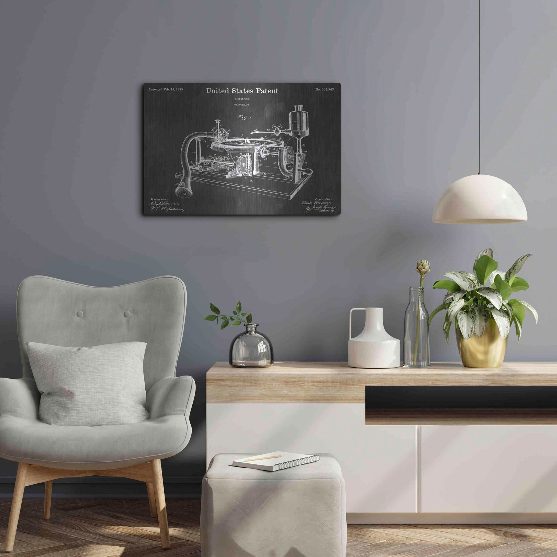 Luxe Metal Art 'Gramophone 2 Vintage Patent Blueprint' by Epic Portfolio, Metal Wall Art,24x16