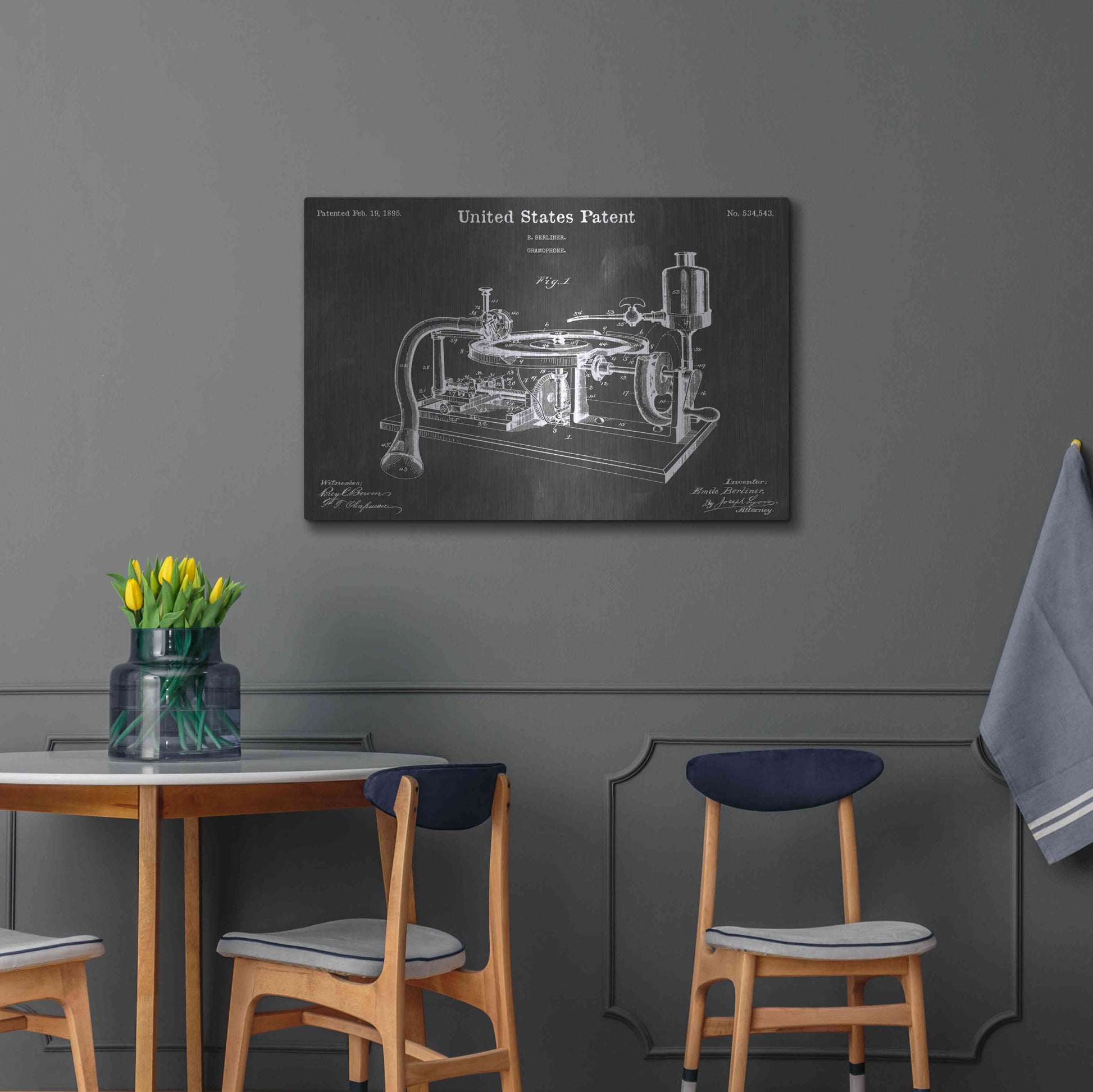 Luxe Metal Art 'Gramophone 2 Vintage Patent Blueprint' by Epic Portfolio, Metal Wall Art,36x24