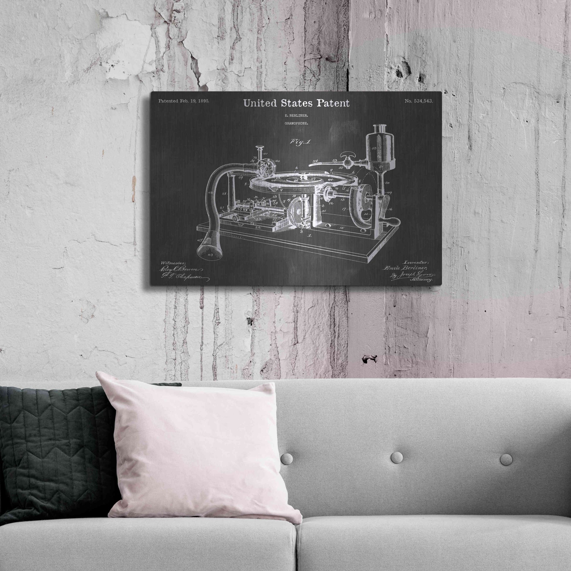 Luxe Metal Art 'Gramophone 2 Vintage Patent Blueprint' by Epic Portfolio, Metal Wall Art,36x24