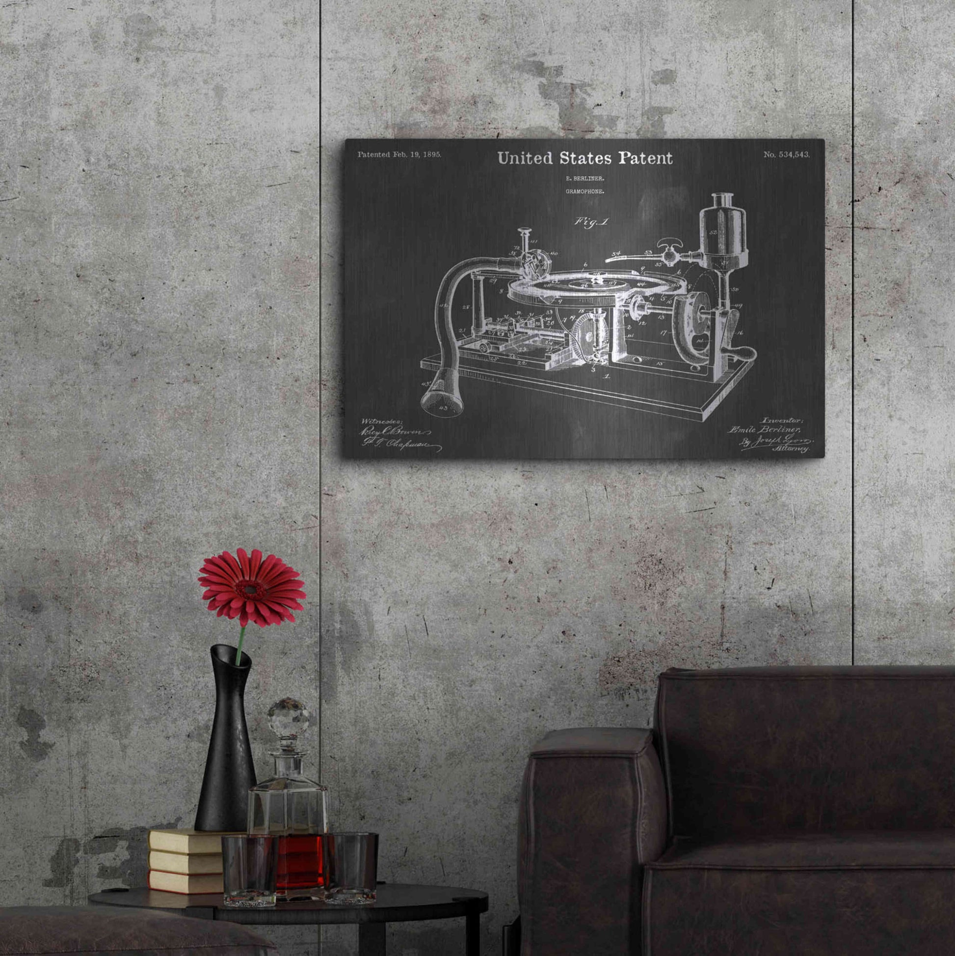 Luxe Metal Art 'Gramophone 2 Vintage Patent Blueprint' by Epic Portfolio, Metal Wall Art,36x24