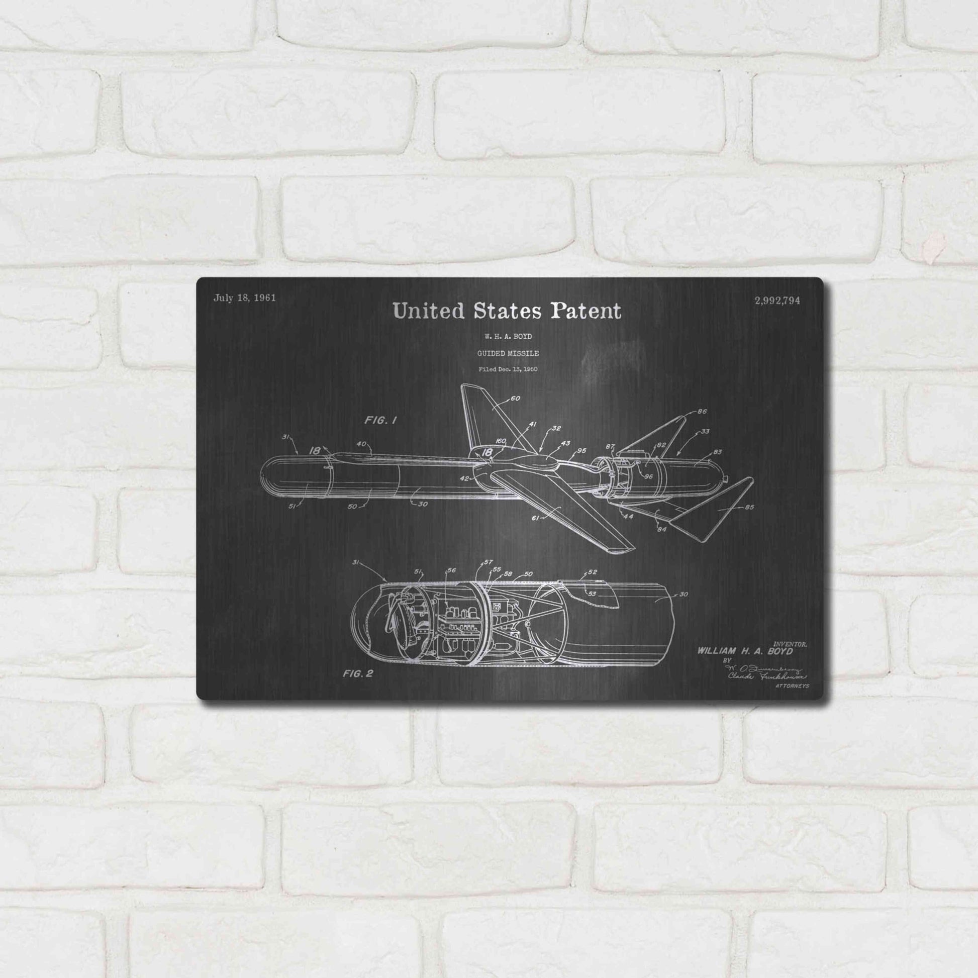 Luxe Metal Art 'Guided Missile Vintage Patent Blueprint' by Epic Portfolio, Metal Wall Art,16x12