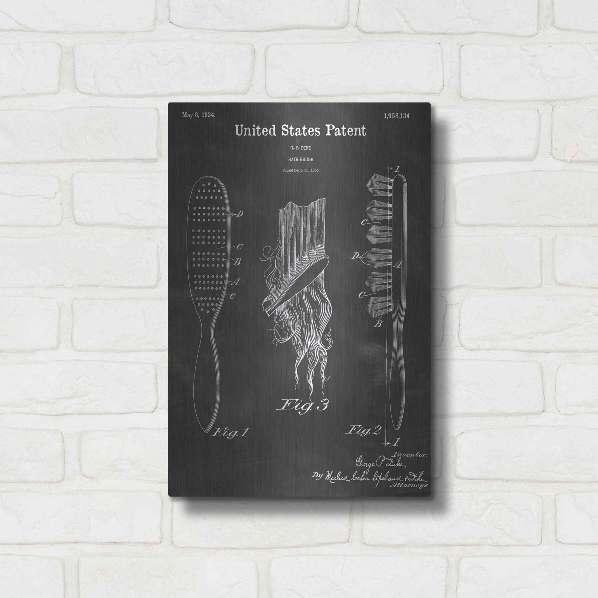 Luxe Metal Art 'Hair Brush Vintage Patent Blueprint' by Epic Portfolio, Metal Wall Art,12x16