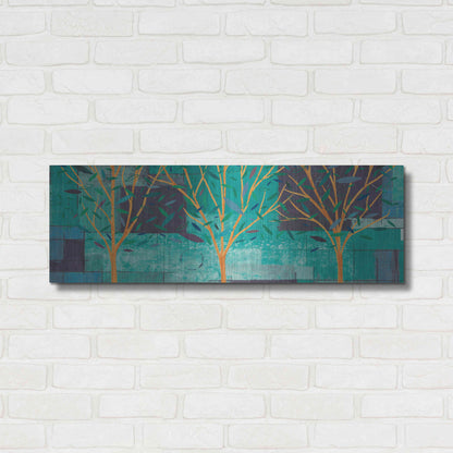 Luxe Metal Art 'Watercolor Forest III Peacock' by Veronique Charron, Metal Wall Art,36x12