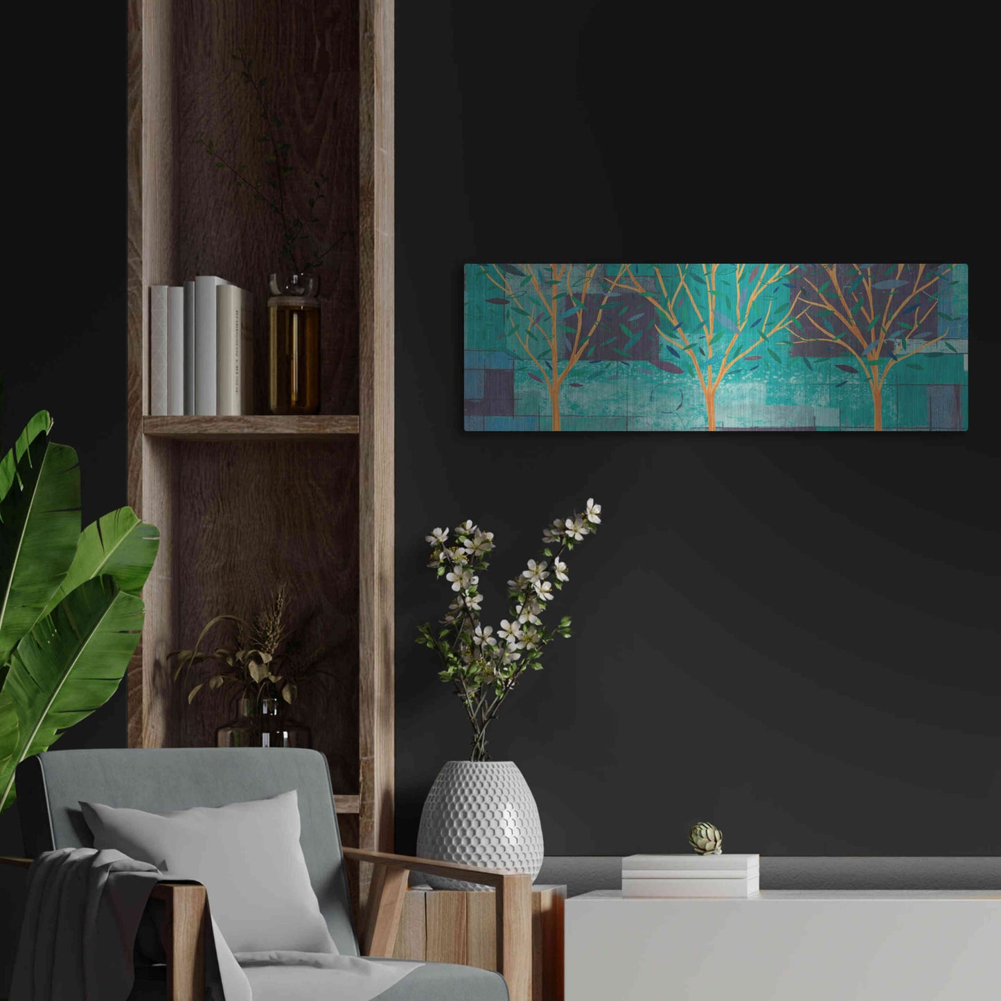 Luxe Metal Art 'Watercolor Forest III Peacock' by Veronique Charron, Metal Wall Art,36x12