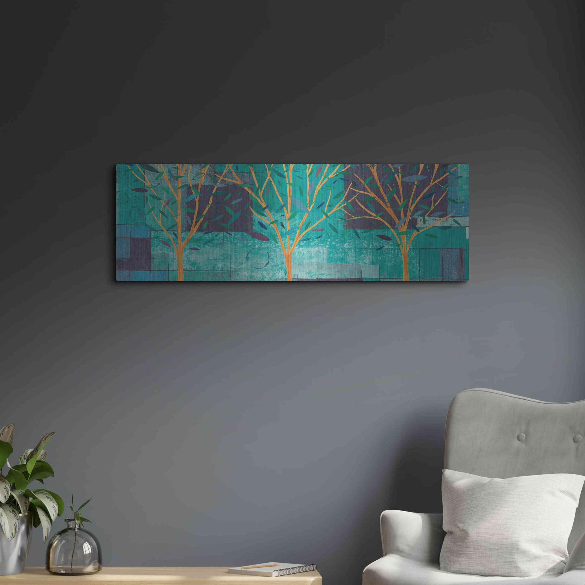 Luxe Metal Art 'Watercolor Forest III Peacock' by Veronique Charron, Metal Wall Art,36x12