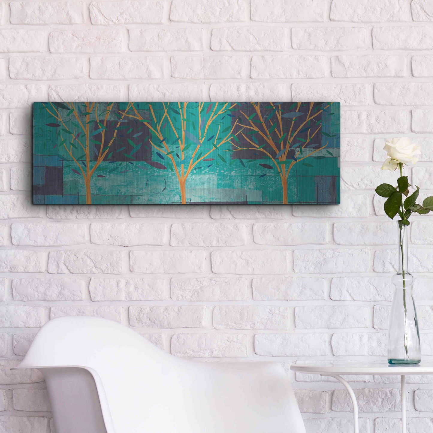 Luxe Metal Art 'Watercolor Forest III Peacock' by Veronique Charron, Metal Wall Art,36x12