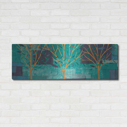 Luxe Metal Art 'Watercolor Forest III Peacock' by Veronique Charron, Metal Wall Art,48x16