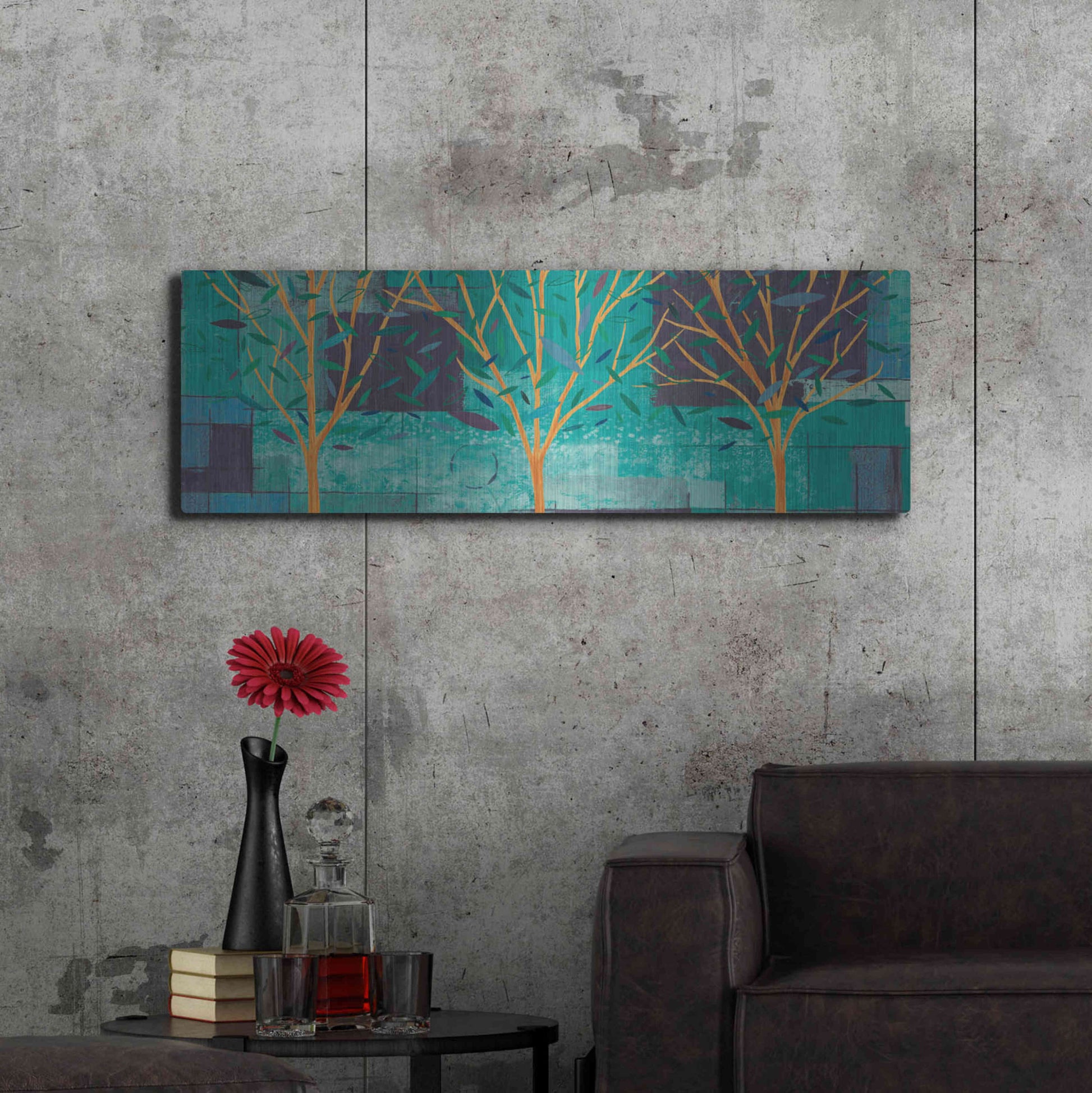 Luxe Metal Art 'Watercolor Forest III Peacock' by Veronique Charron, Metal Wall Art,48x16