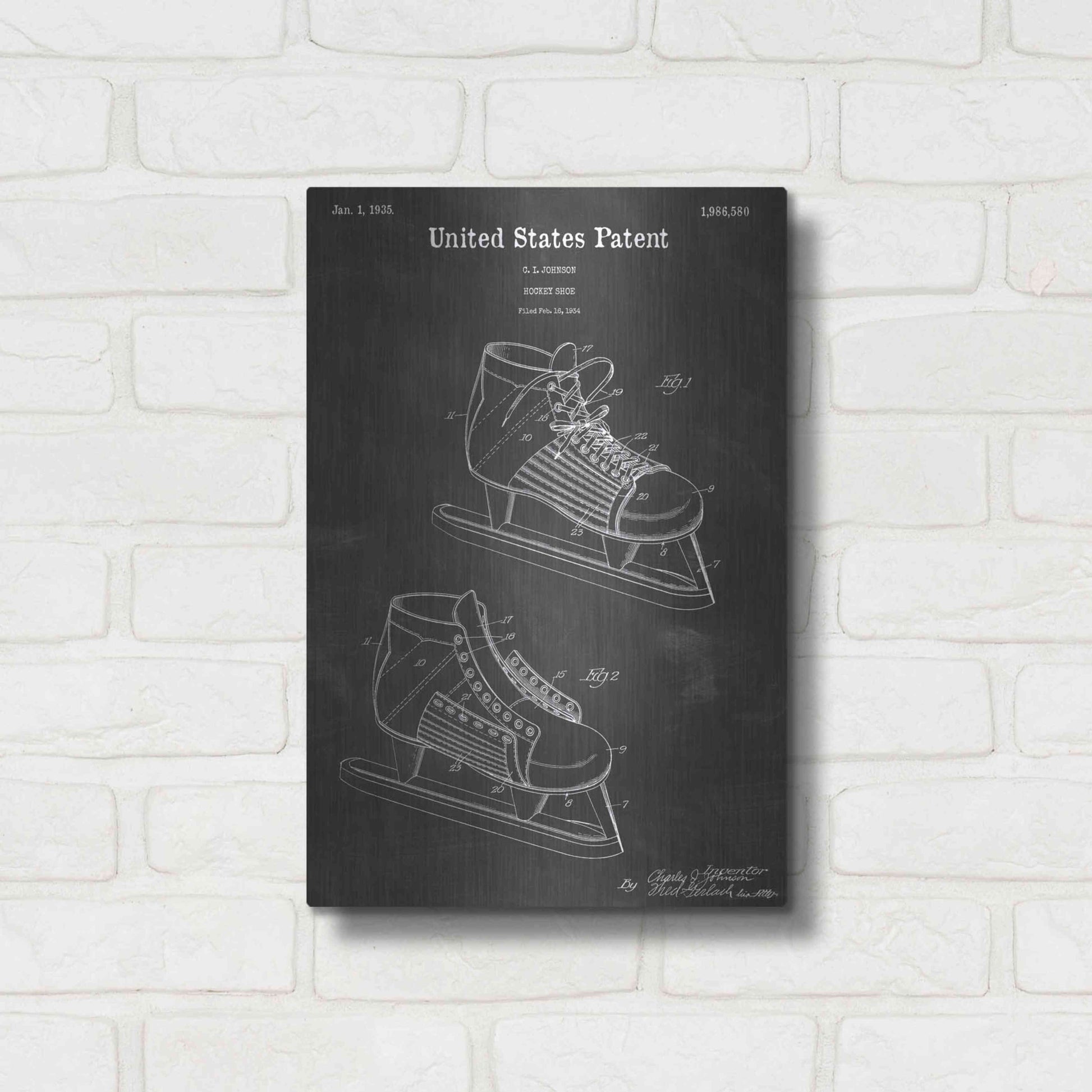 Luxe Metal Art 'Hockey Shoe Vintage Patent Blueprint' by Epic Portfolio, Metal Wall Art,12x16