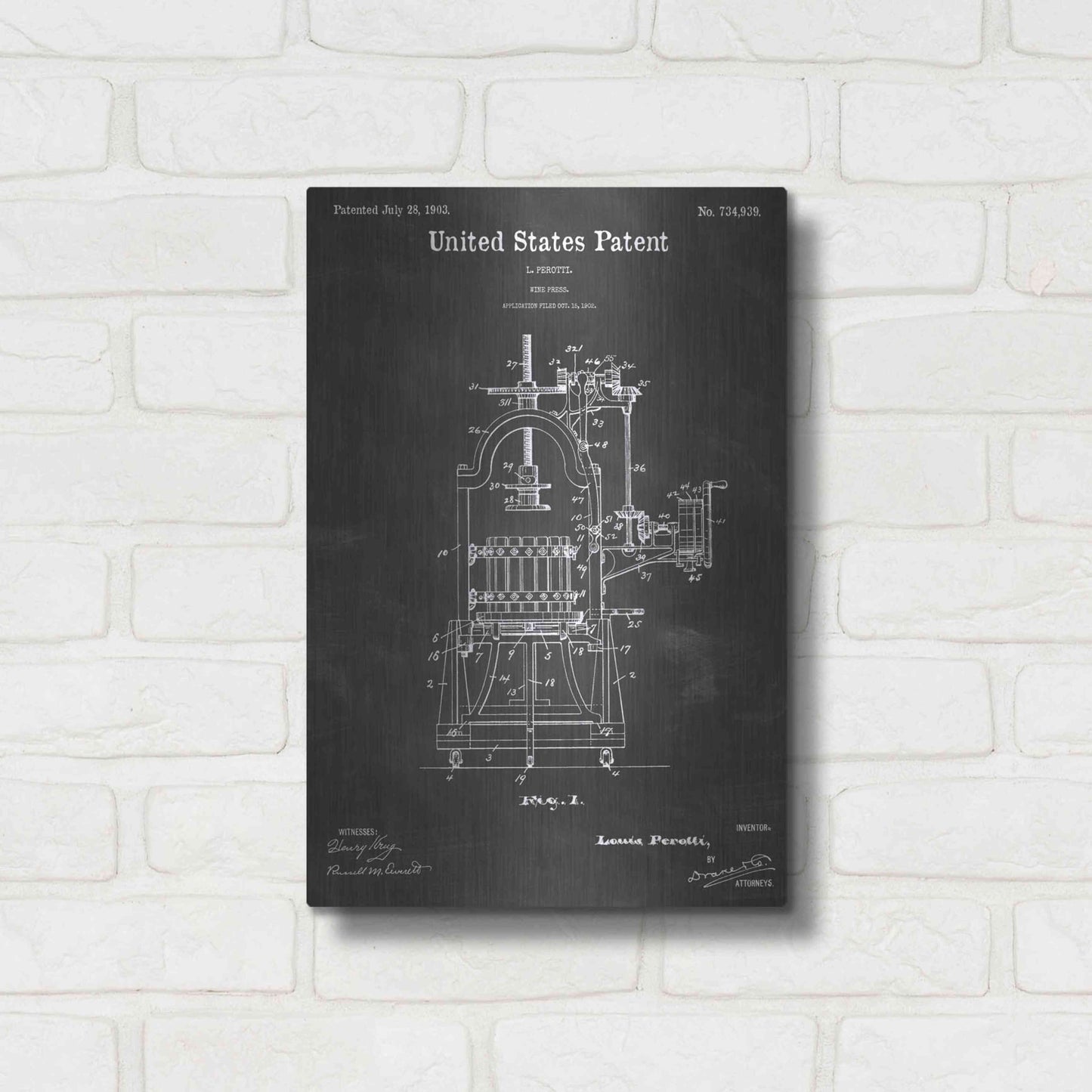 Luxe Metal Art 'Wine Press Vintage Patent Blueprint' by Epic Portfolio, Metal Wall Art,12x16