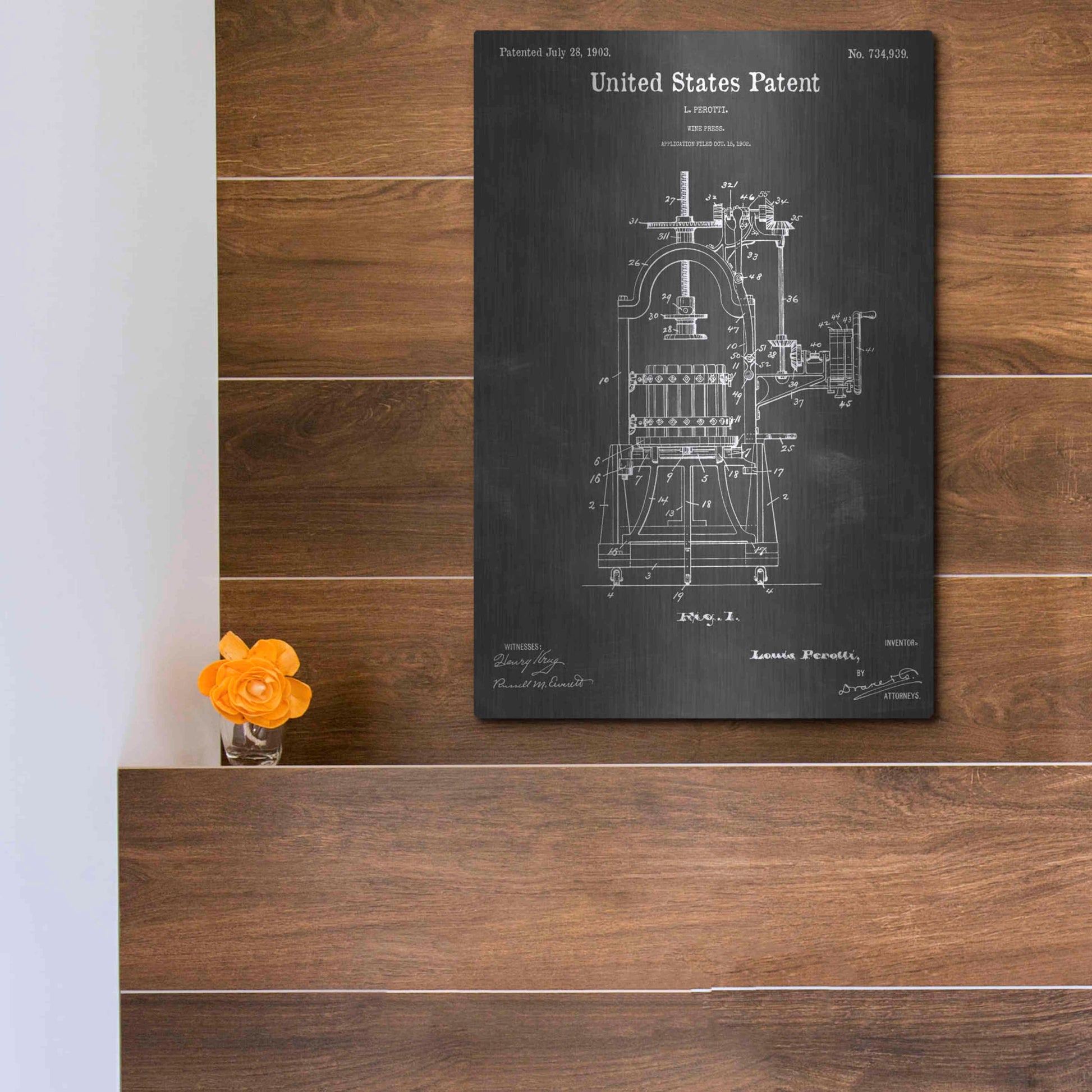 Luxe Metal Art 'Wine Press Vintage Patent Blueprint' by Epic Portfolio, Metal Wall Art,12x16