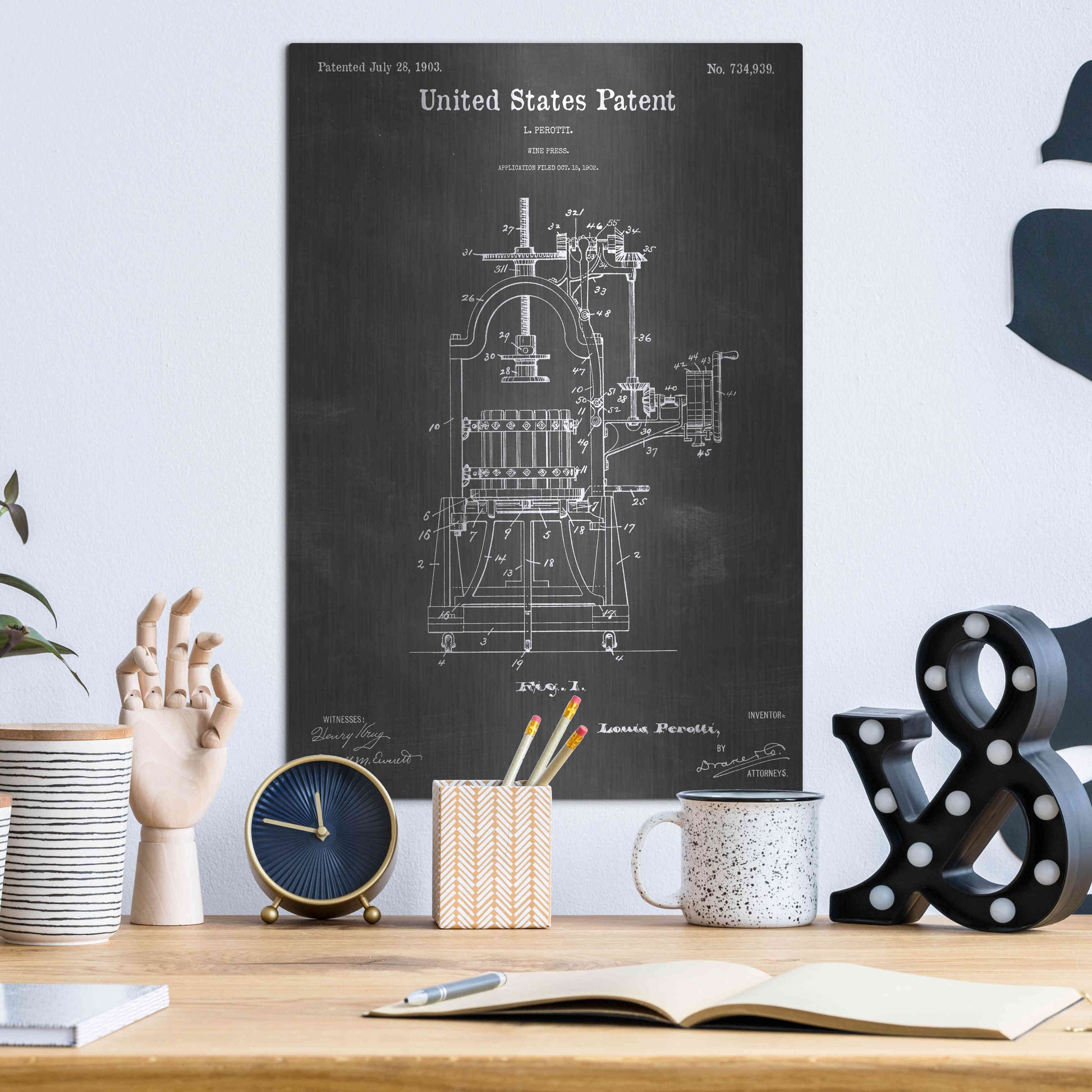 Luxe Metal Art 'Wine Press Vintage Patent Blueprint' by Epic Portfolio, Metal Wall Art,12x16