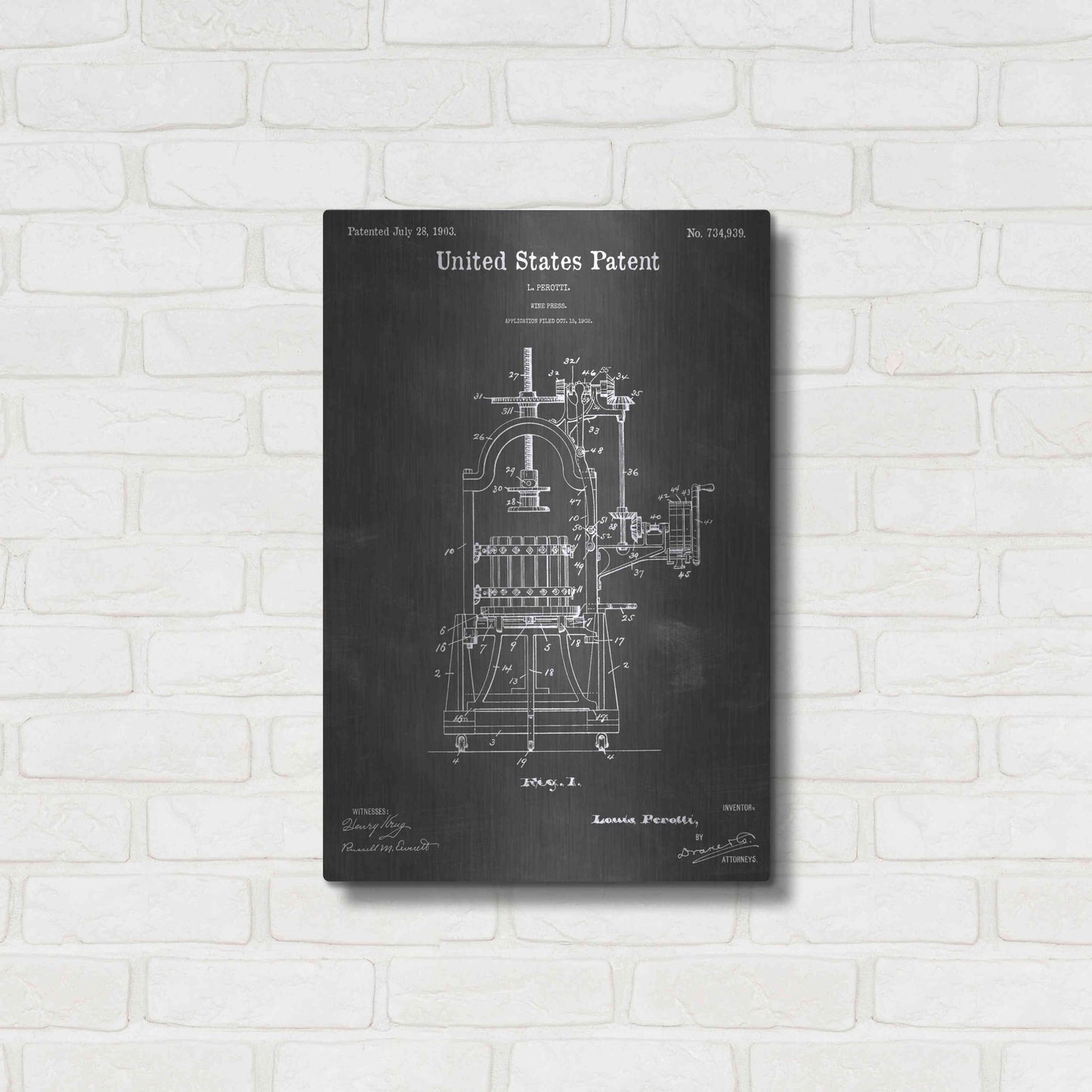 Luxe Metal Art 'Wine Press Vintage Patent Blueprint' by Epic Portfolio, Metal Wall Art,16x24