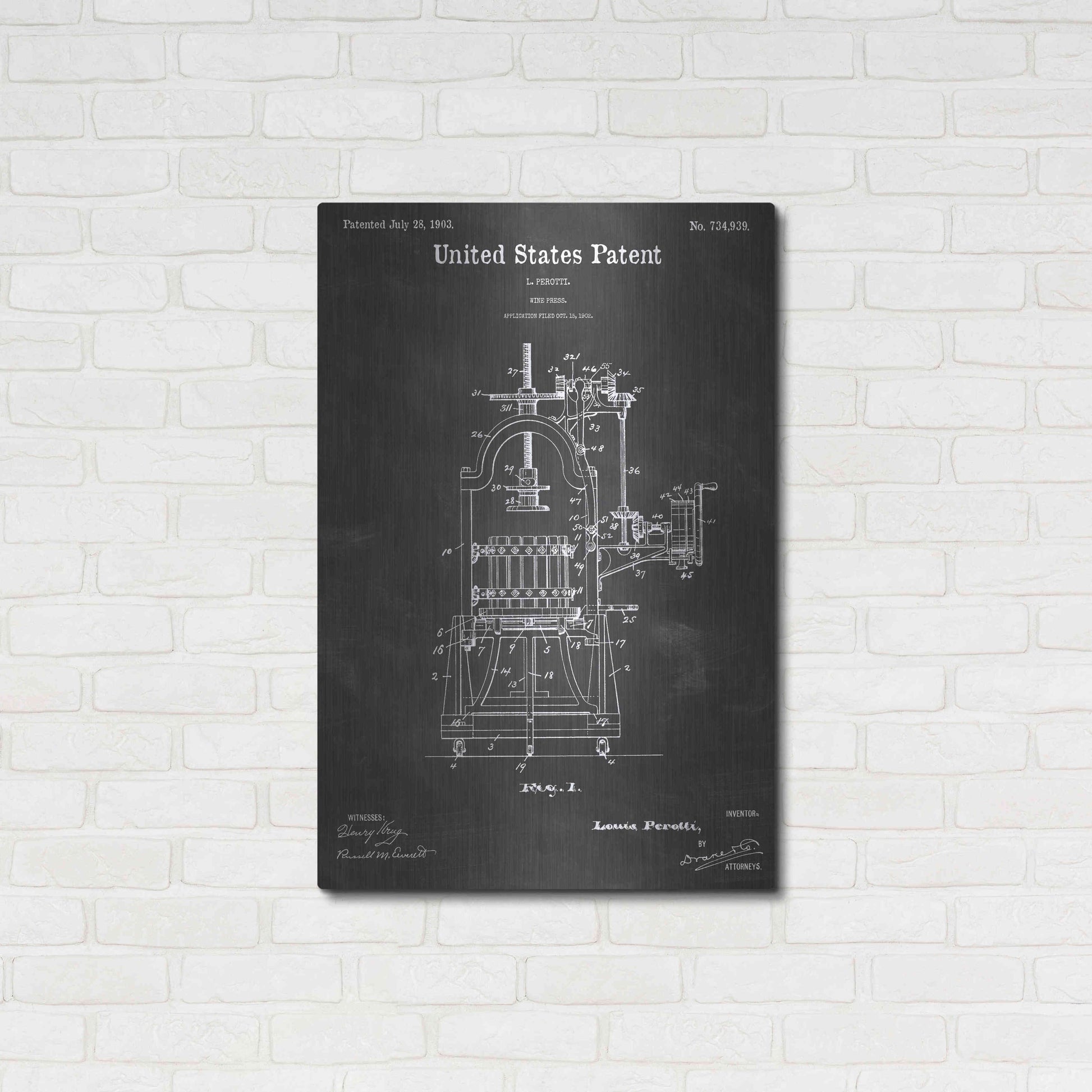 Luxe Metal Art 'Wine Press Vintage Patent Blueprint' by Epic Portfolio, Metal Wall Art,24x36