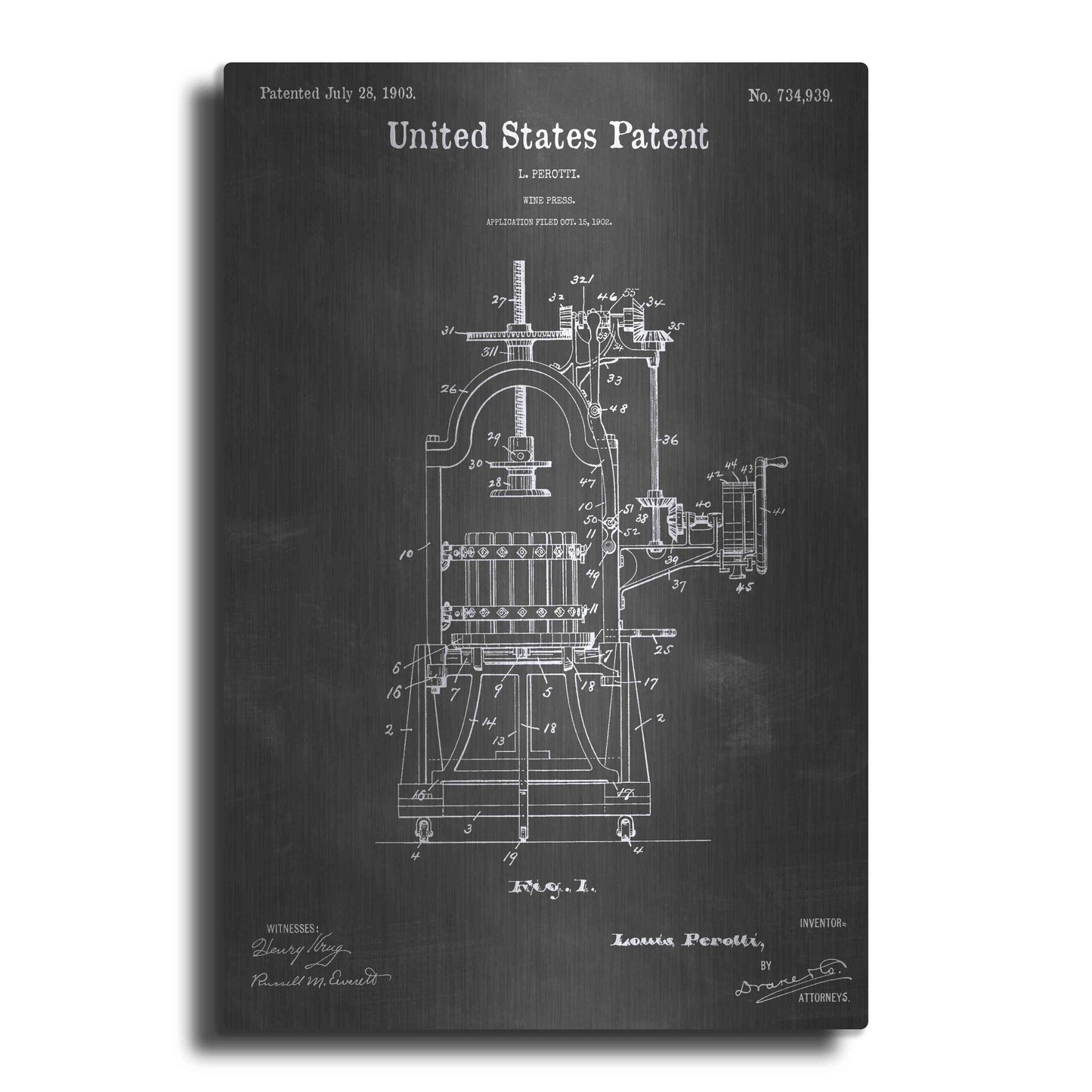 Luxe Metal Art 'Wine Press Vintage Patent Blueprint' by Epic Portfolio, Metal Wall Art