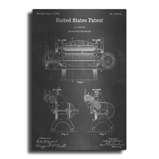 Luxe Metal Art 'Leather Splitting Machine Vintage Patent Blueprint' by Epic Portfolio, Metal Wall Art