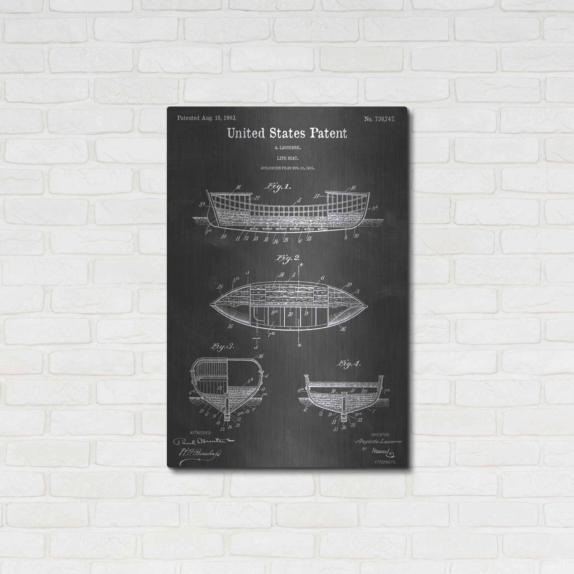 Luxe Metal Art 'Lifeboat Vintage Patent Blueprint' by Epic Portfolio, Metal Wall Art,24x36