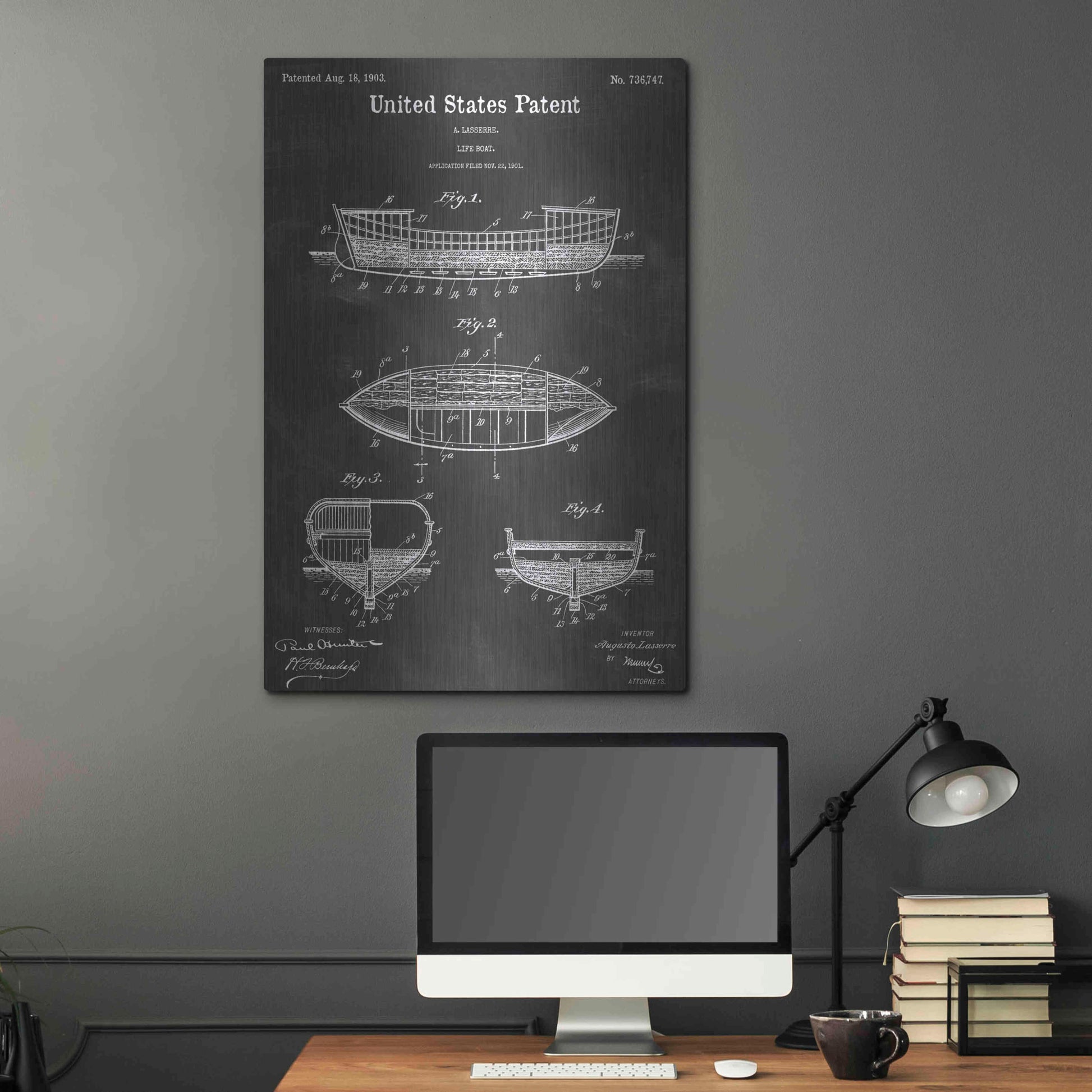 Luxe Metal Art 'Lifeboat Vintage Patent Blueprint' by Epic Portfolio, Metal Wall Art,24x36