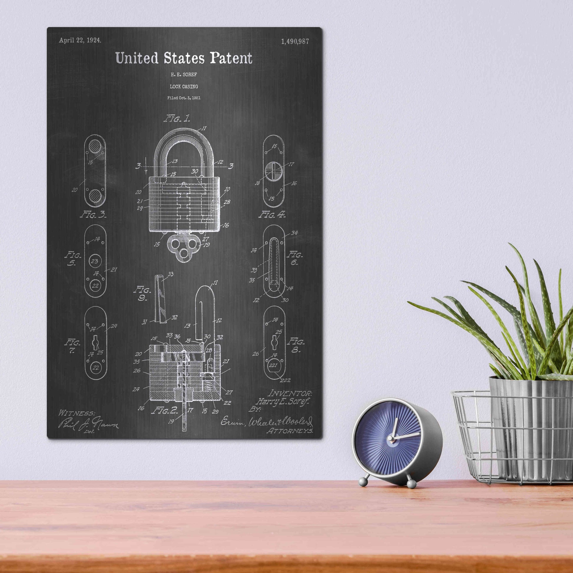 Luxe Metal Art 'Lock Vintage Patent Blueprint' by Epic Portfolio, Metal Wall Art,12x16