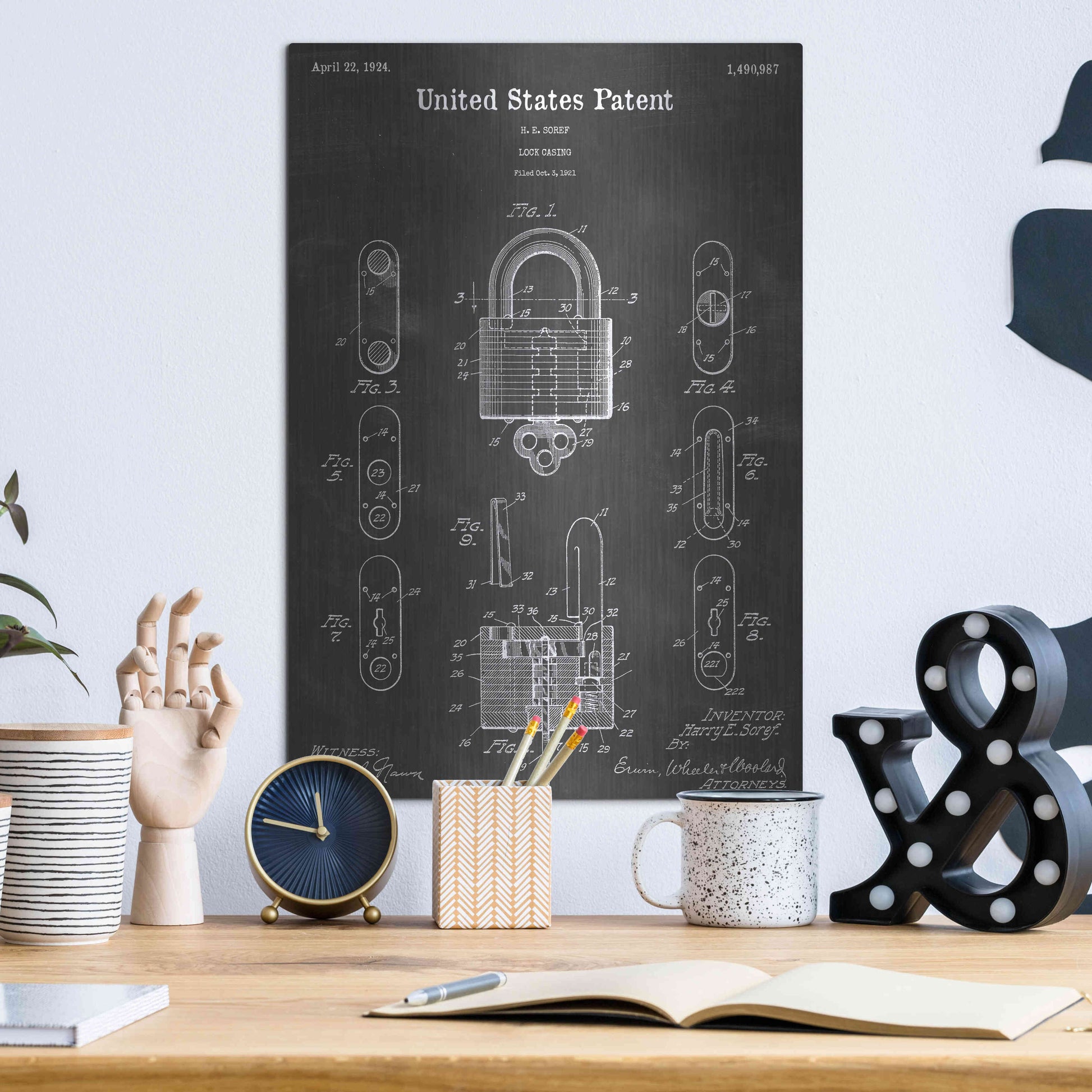 Luxe Metal Art 'Lock Vintage Patent Blueprint' by Epic Portfolio, Metal Wall Art,12x16