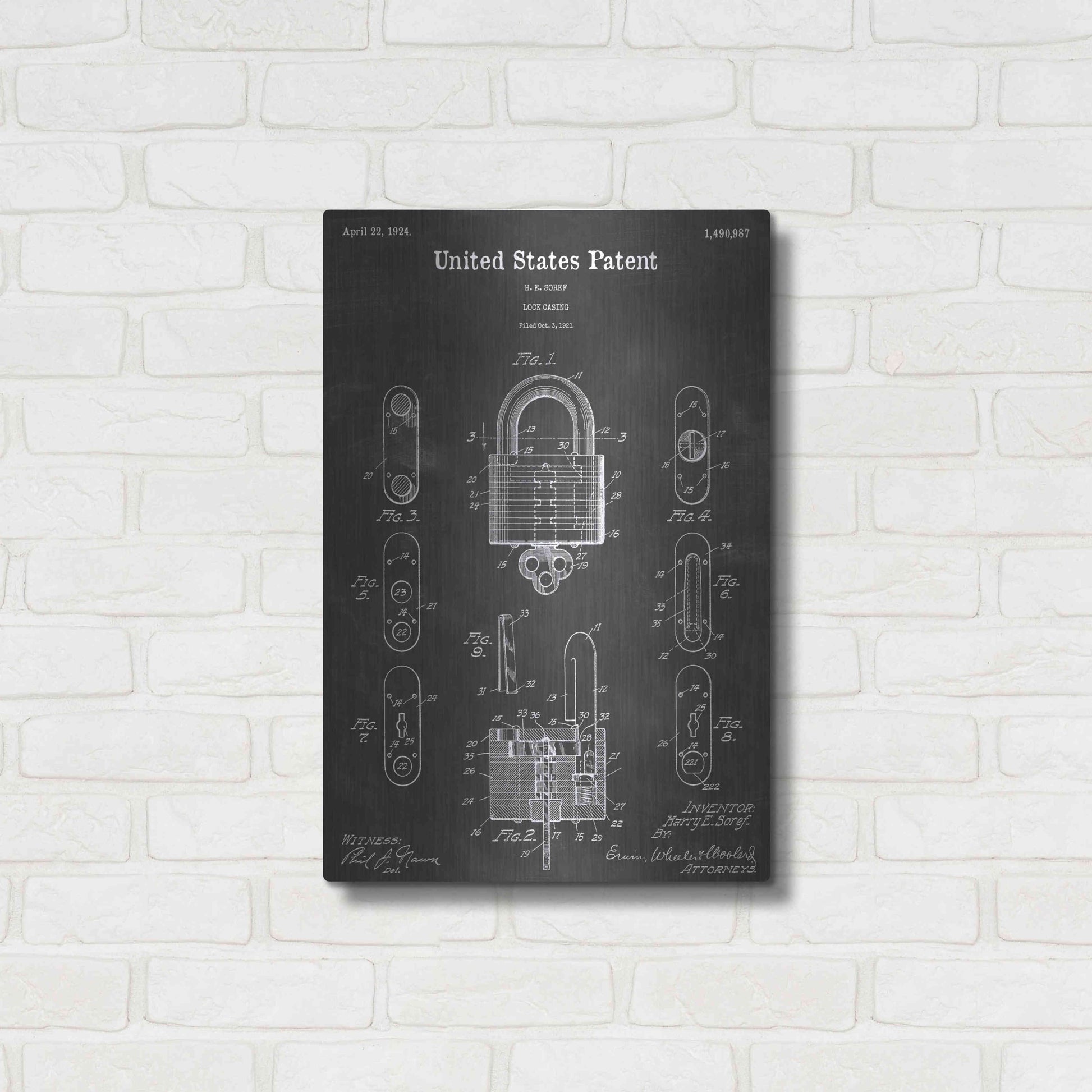 Luxe Metal Art 'Lock Vintage Patent Blueprint' by Epic Portfolio, Metal Wall Art,16x24