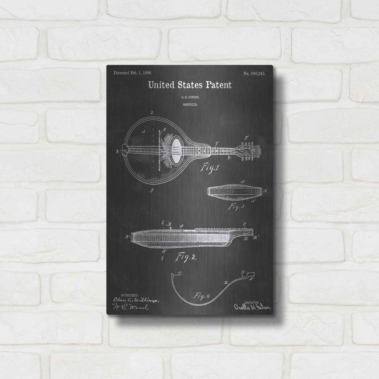 Luxe Metal Art 'Mandolin Vintage Patent Blueprint' by Epic Portfolio, Metal Wall Art,12x16