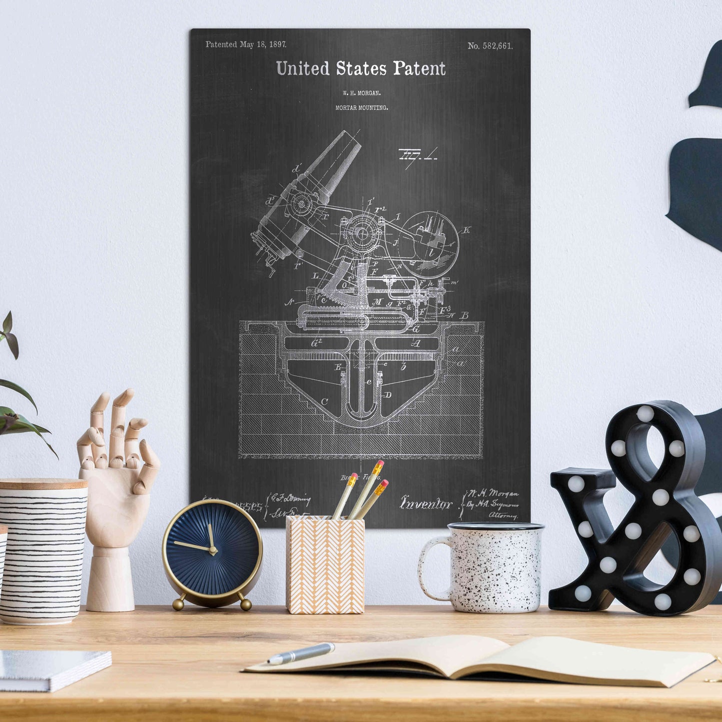 Luxe Metal Art 'Mortar Vintage Patent Blueprint' by Epic Portfolio, Metal Wall Art,12x16