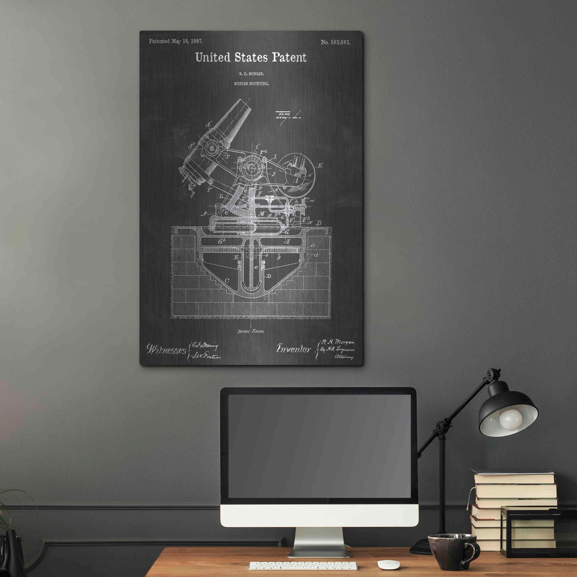 Luxe Metal Art 'Mortar Vintage Patent Blueprint' by Epic Portfolio, Metal Wall Art,24x36