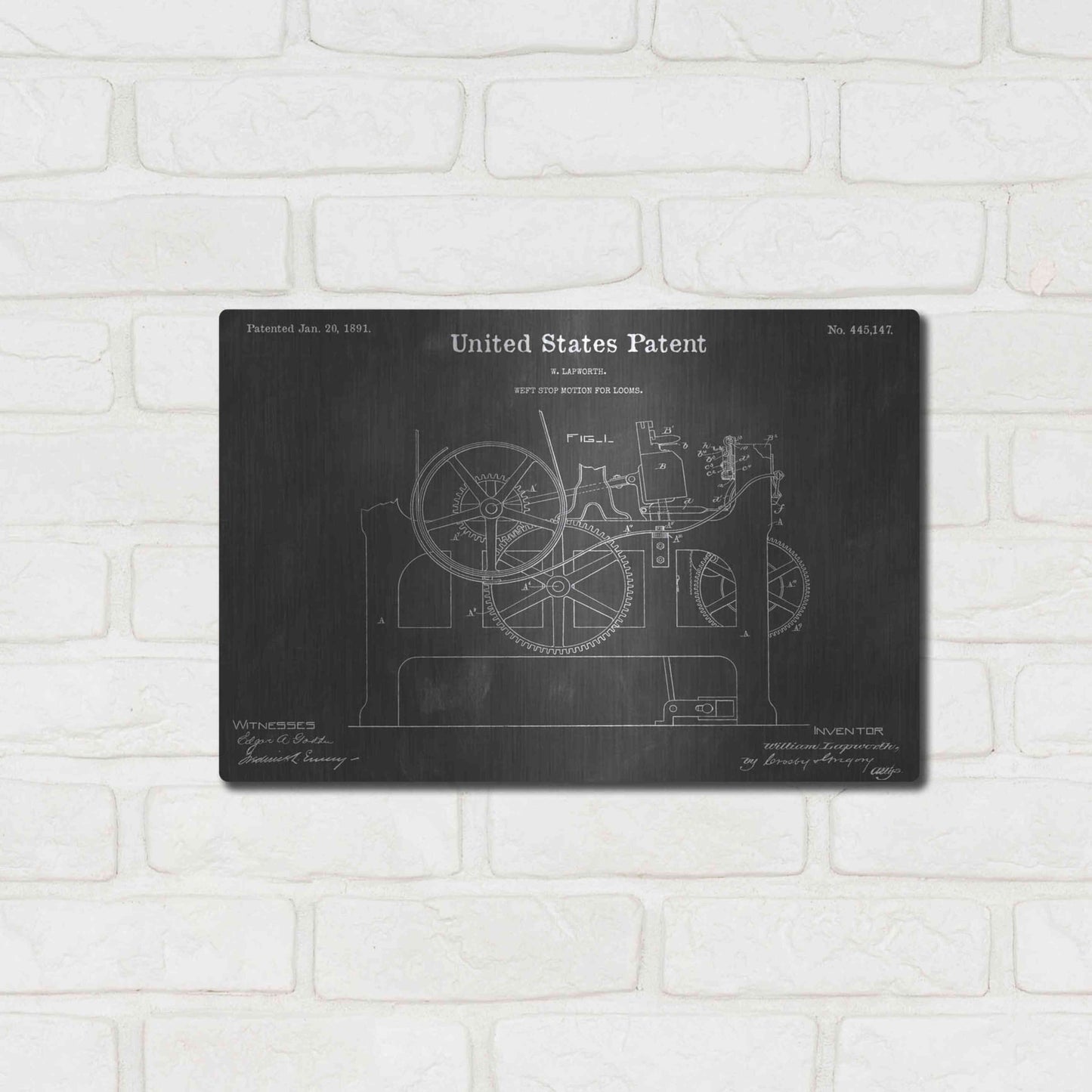 Luxe Metal Art 'Weft Vintage Patent Blueprint' by Epic Portfolio, Metal Wall Art,16x12