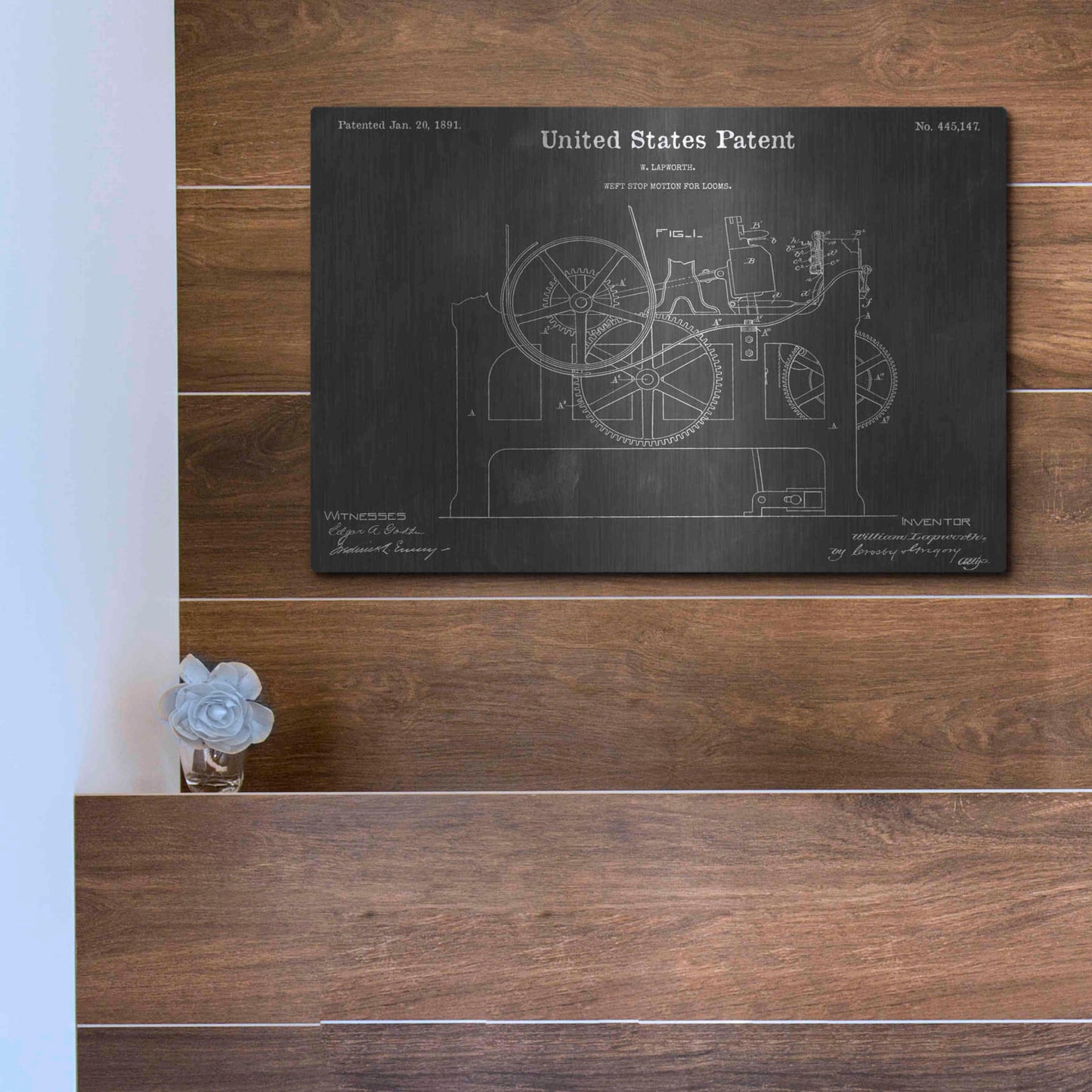 Luxe Metal Art 'Weft Vintage Patent Blueprint' by Epic Portfolio, Metal Wall Art,16x12