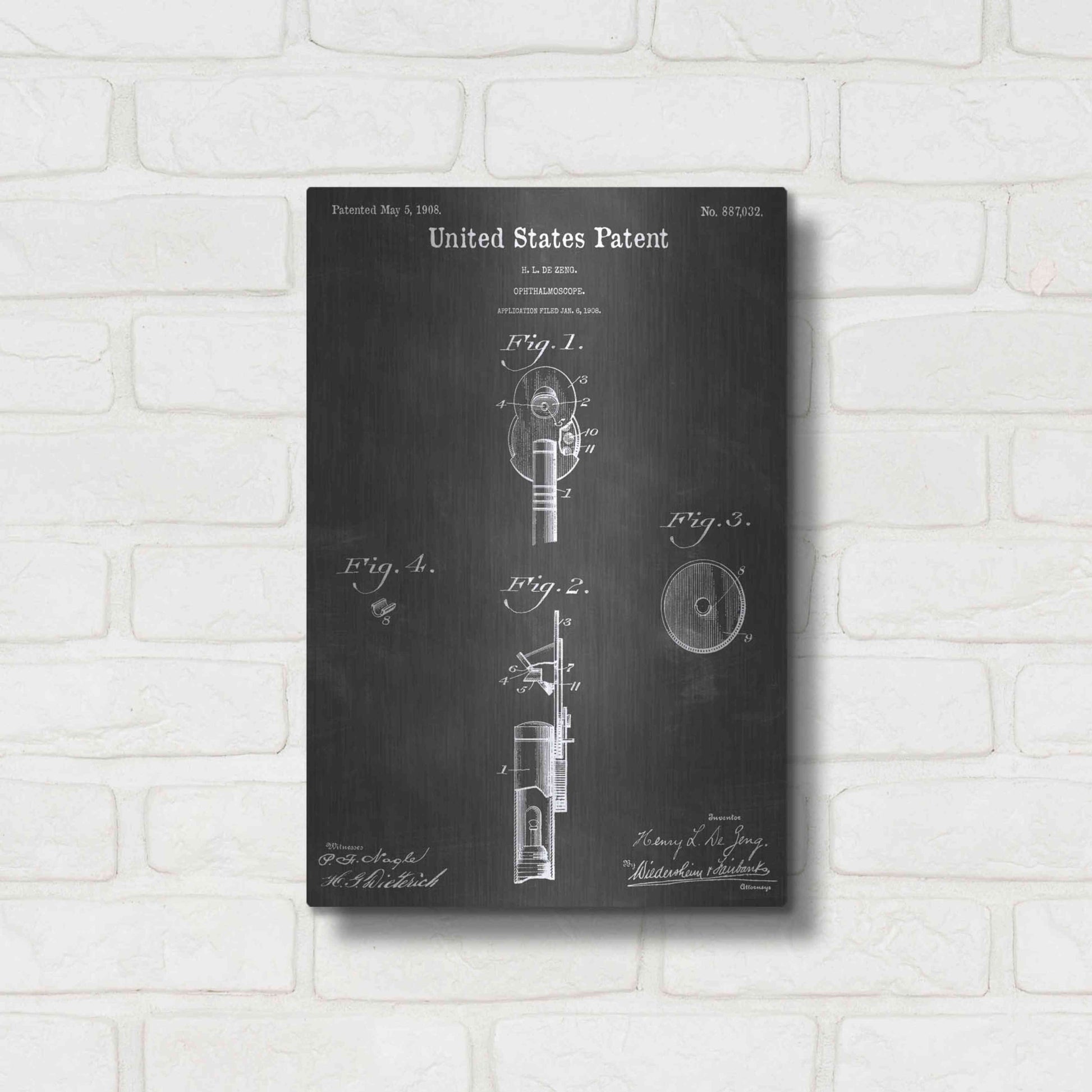 Luxe Metal Art 'Ophthalmoscope Vintage Patent Blueprint' by Epic Portfolio, Metal Wall Art,12x16