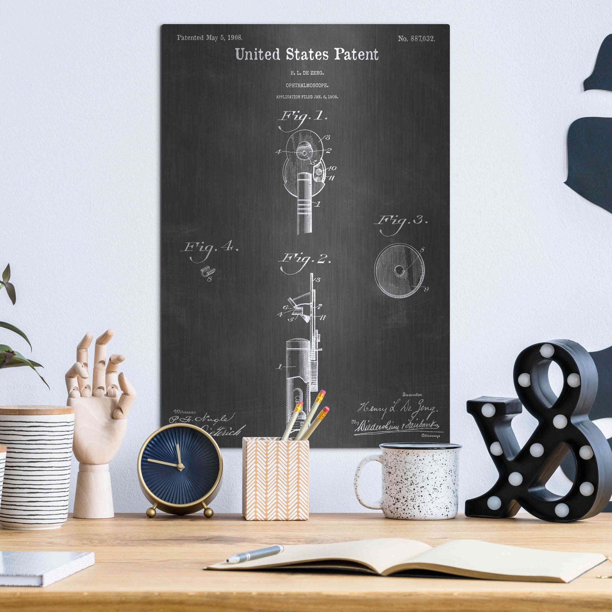 Luxe Metal Art 'Ophthalmoscope Vintage Patent Blueprint' by Epic Portfolio, Metal Wall Art,12x16