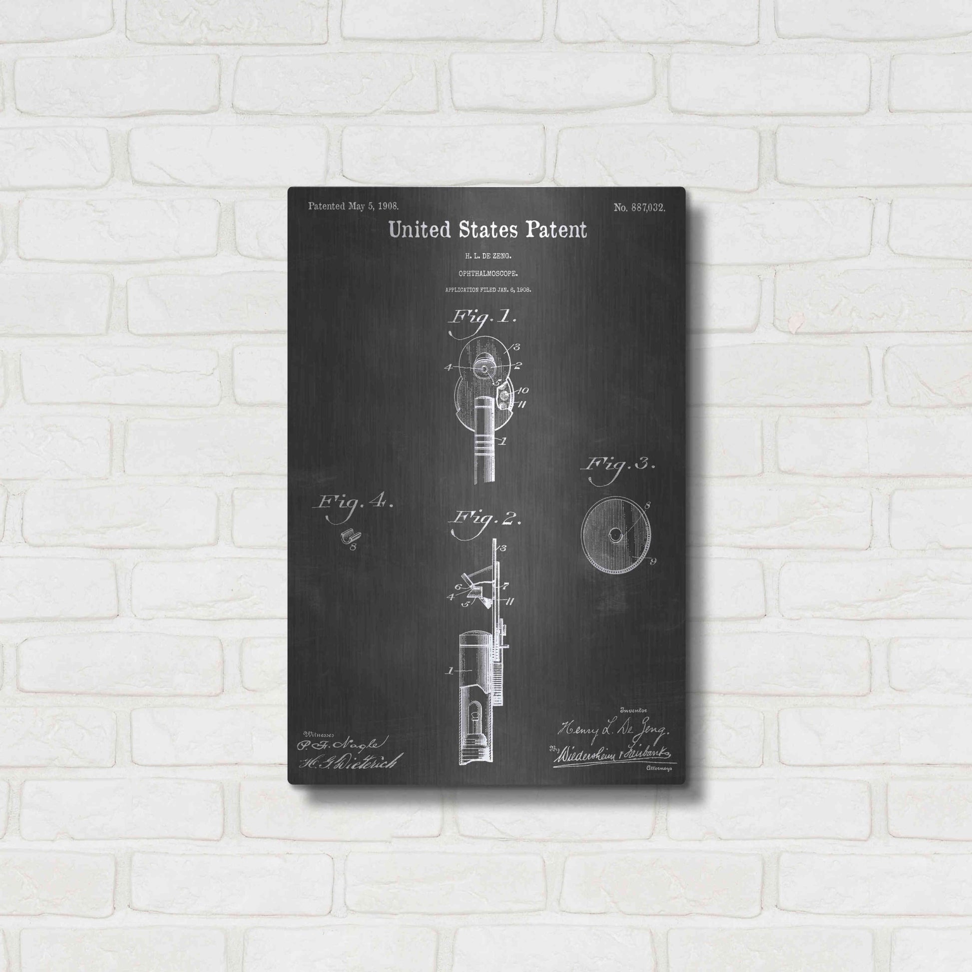 Luxe Metal Art 'Ophthalmoscope Vintage Patent Blueprint' by Epic Portfolio, Metal Wall Art,16x24