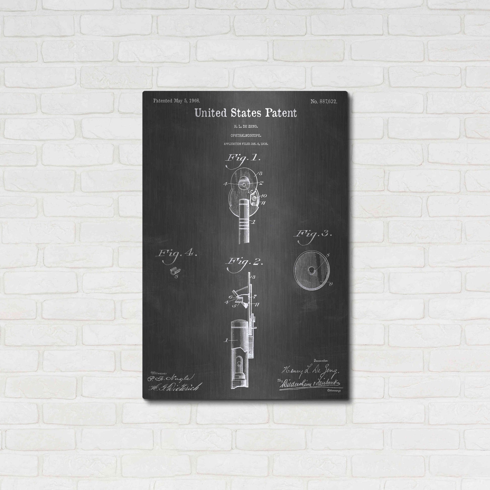 Luxe Metal Art 'Ophthalmoscope Vintage Patent Blueprint' by Epic Portfolio, Metal Wall Art,24x36