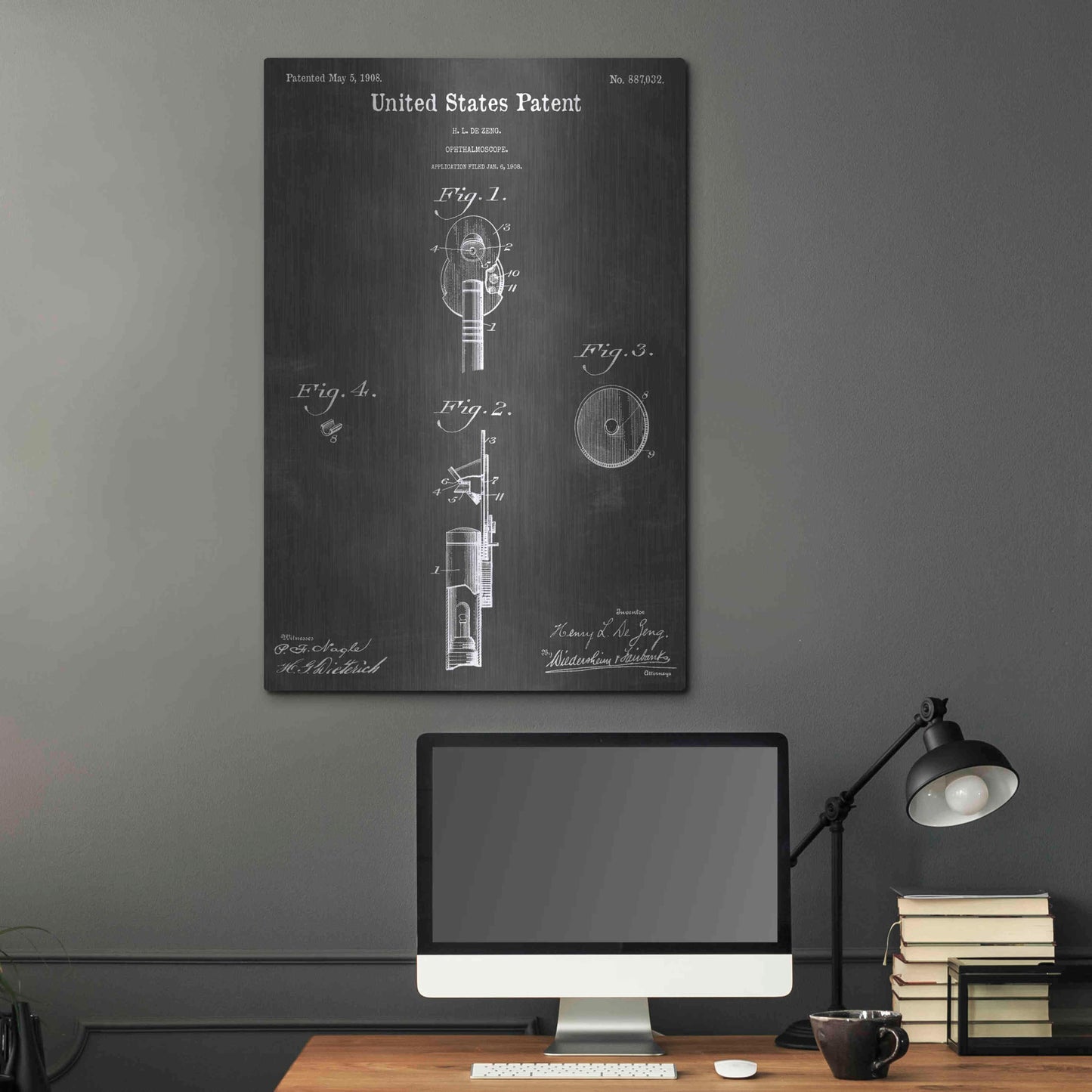 Luxe Metal Art 'Ophthalmoscope Vintage Patent Blueprint' by Epic Portfolio, Metal Wall Art,24x36