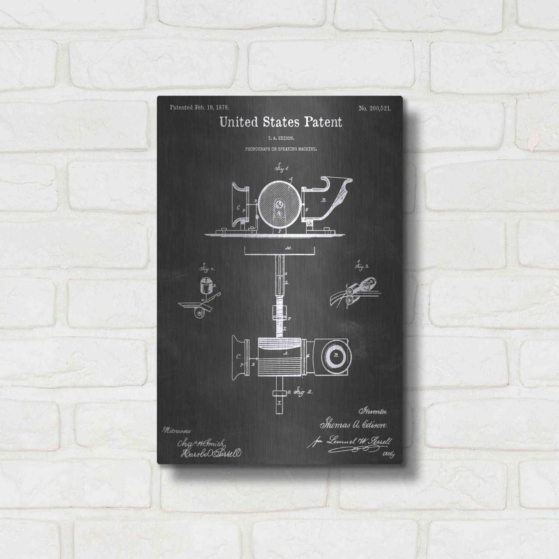 Luxe Metal Art 'Phonograph Vintage Patent Blueprint' by Epic Portfolio, Metal Wall Art,12x16