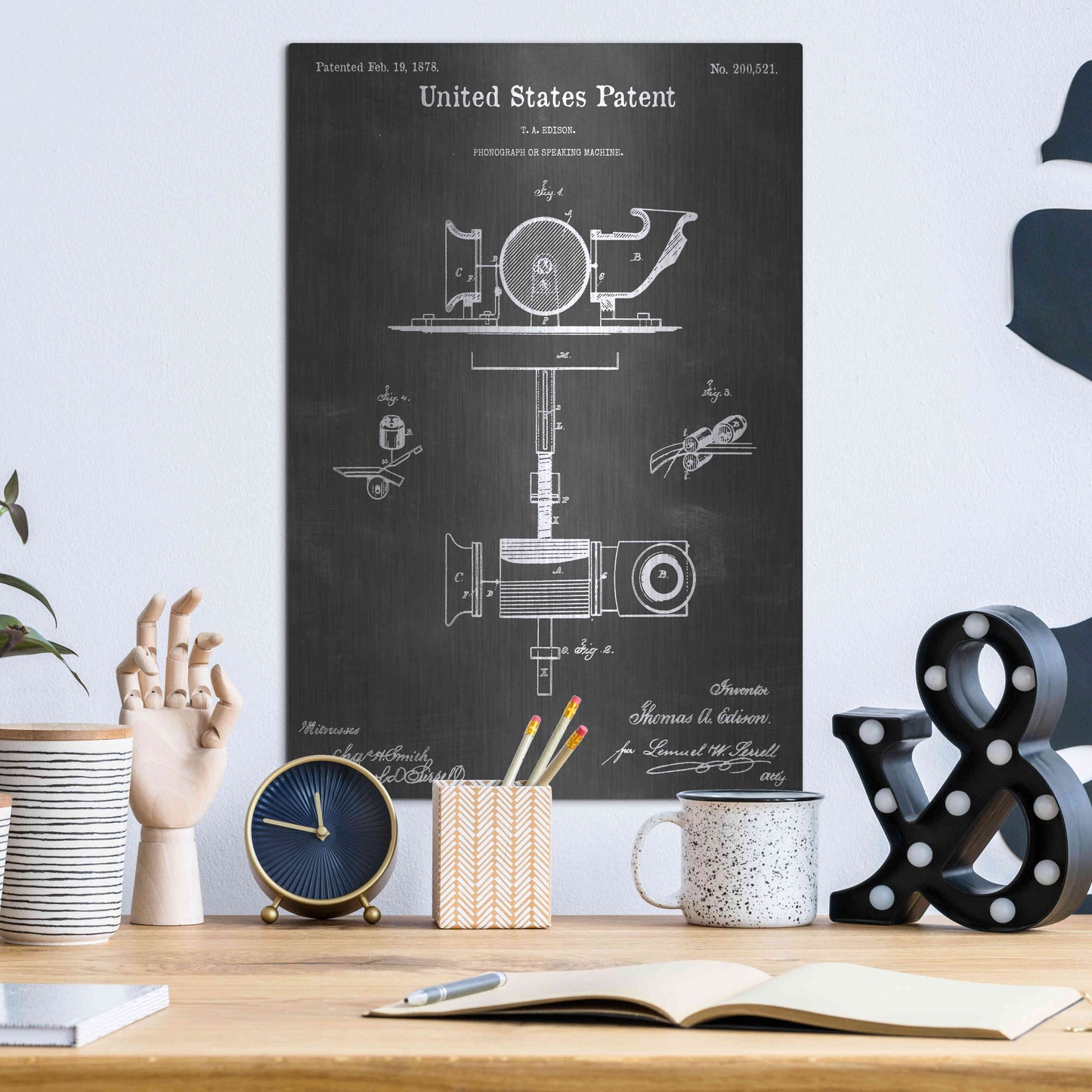 Luxe Metal Art 'Phonograph Vintage Patent Blueprint' by Epic Portfolio, Metal Wall Art,12x16